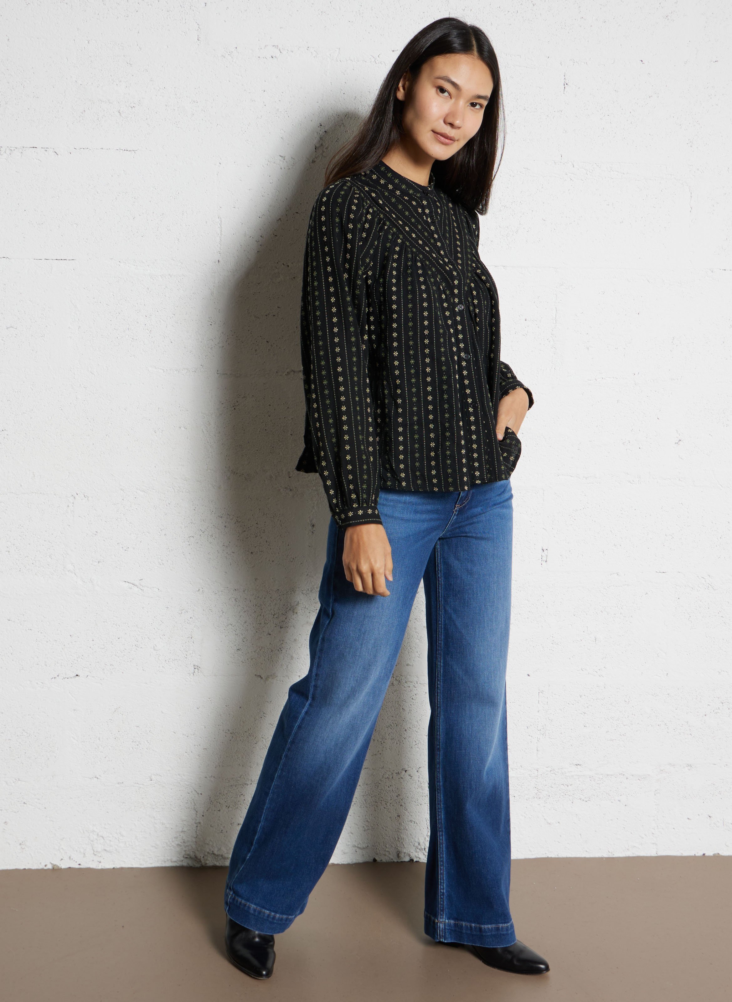 Baumwollbluse mit V-Ausschnitt THE KORNER Schwarz