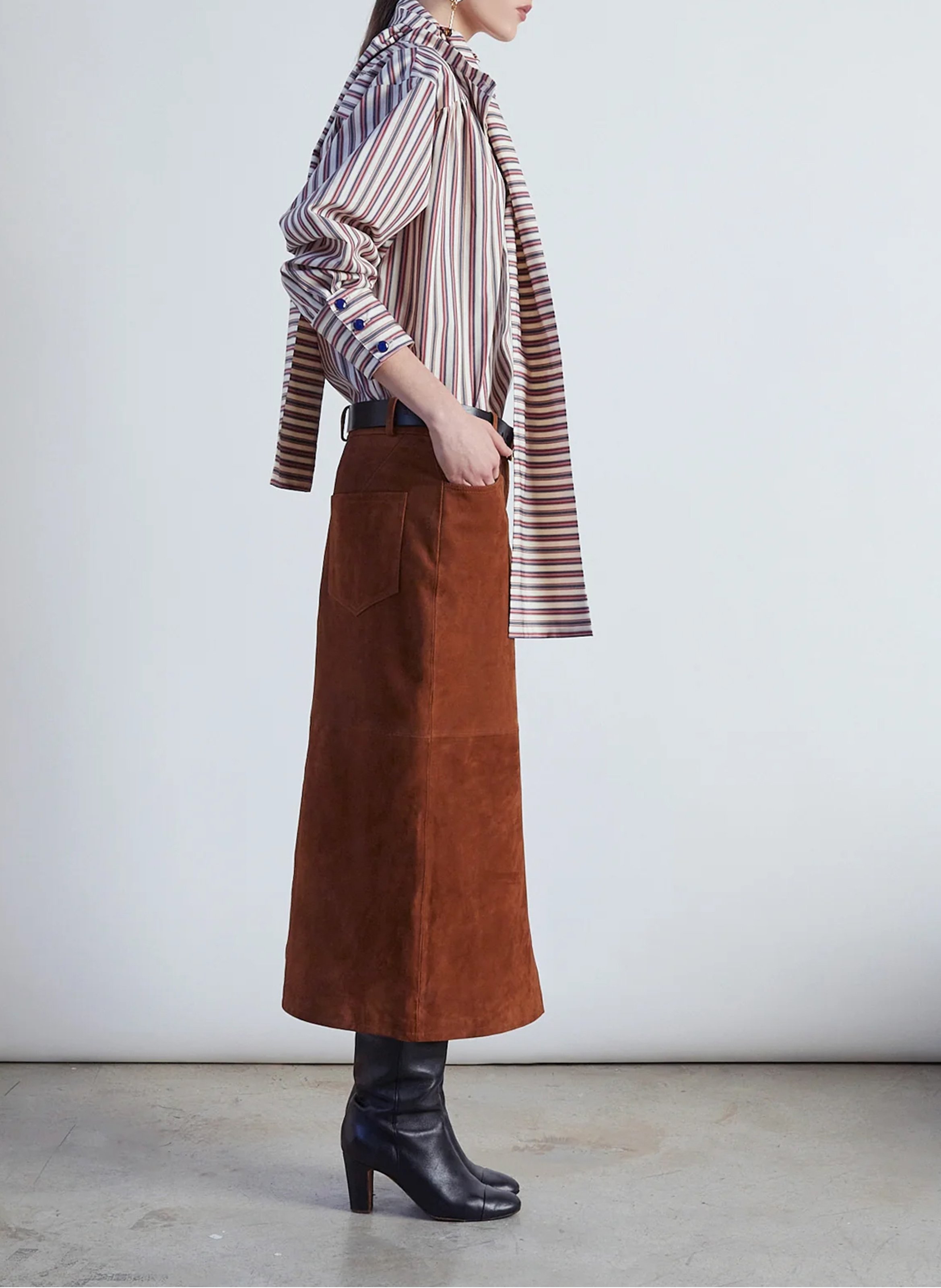 Jupe midi droite en cuir suédé  THE LABEL EDITION Marron