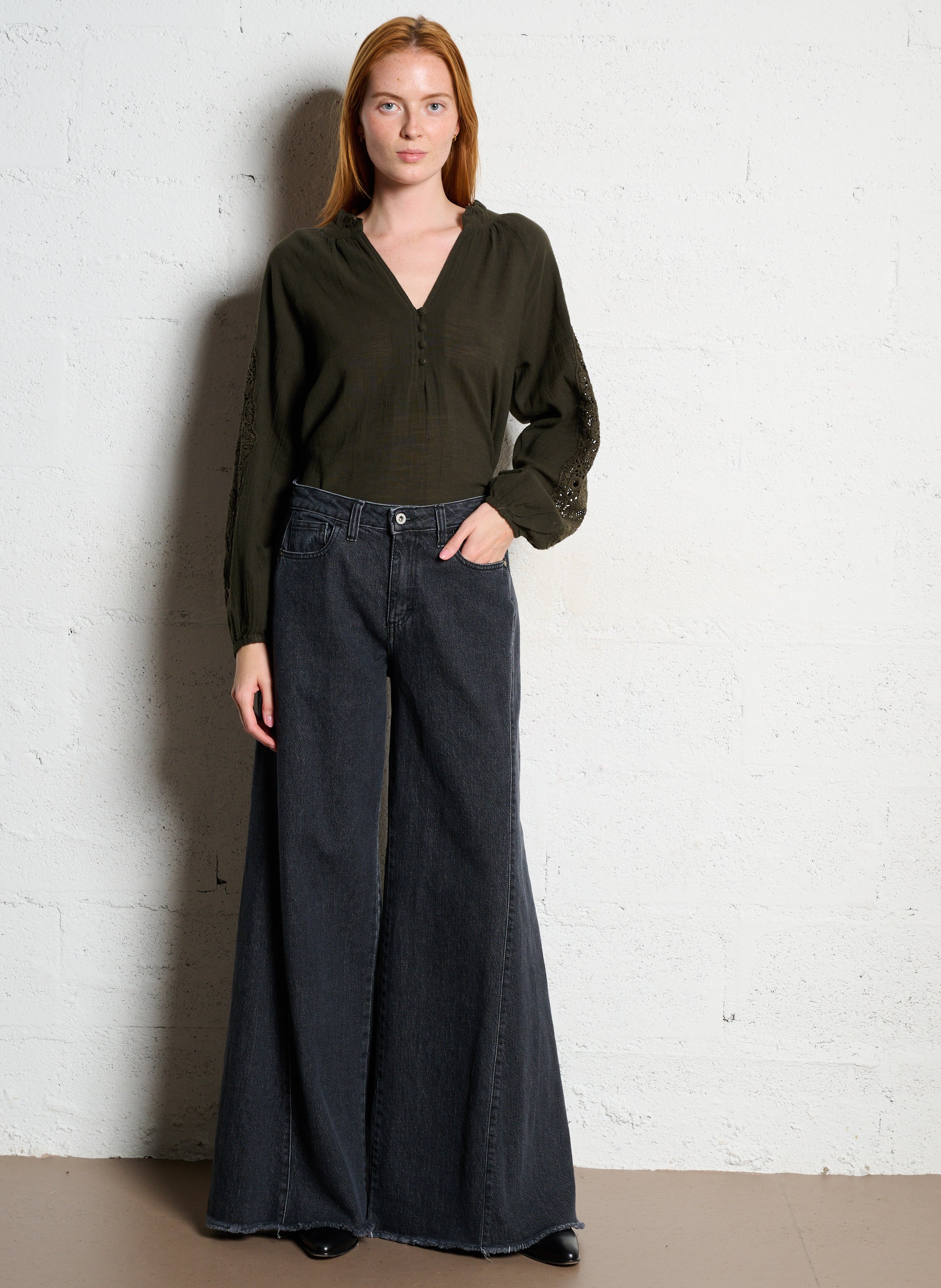 Jean flare taille haute en coton PLEASE Noir