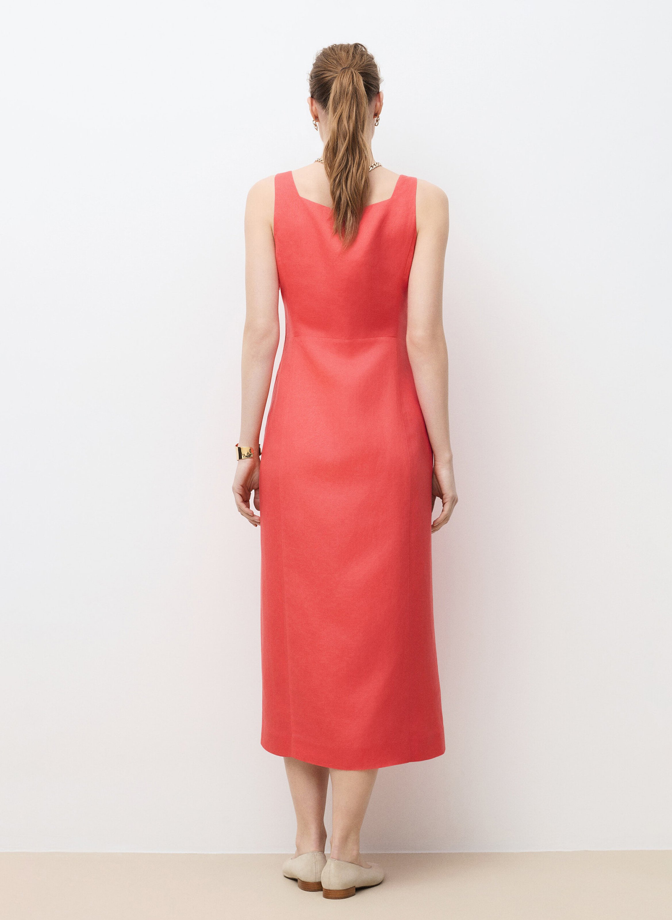 Robe midi col carré en lin mélangé CAROLL Rouge