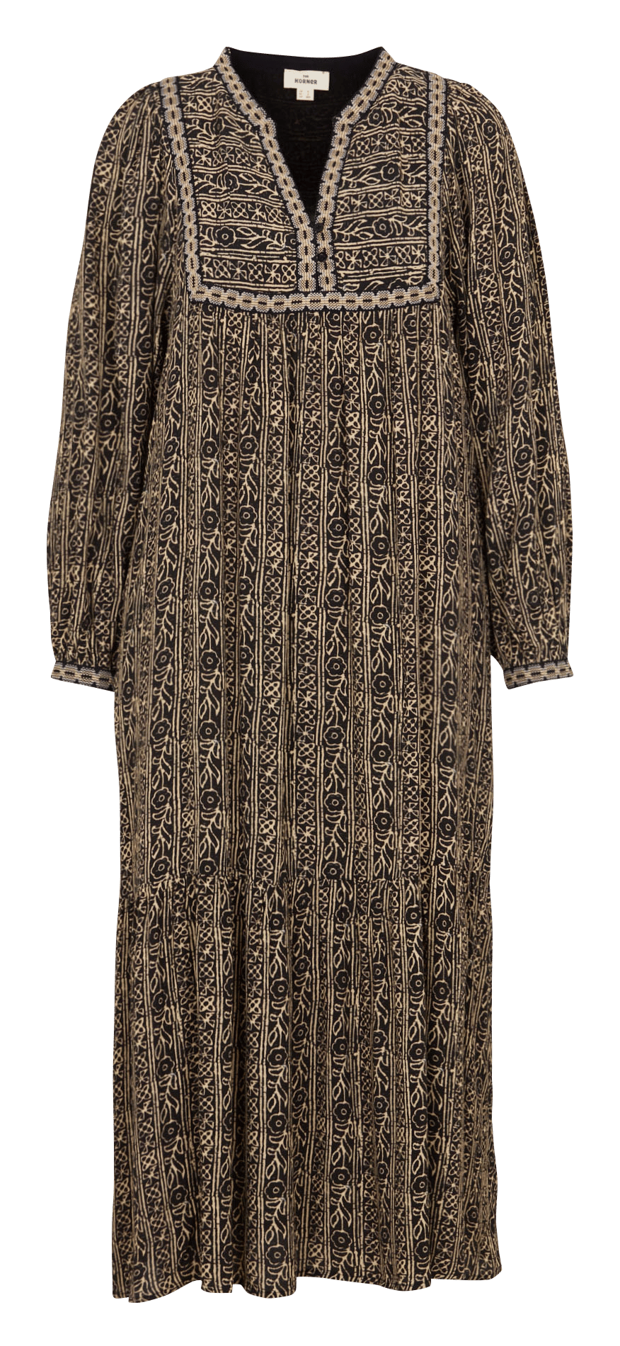 Lange jurk met Tunesische kraag en print THE KORNER Zwart