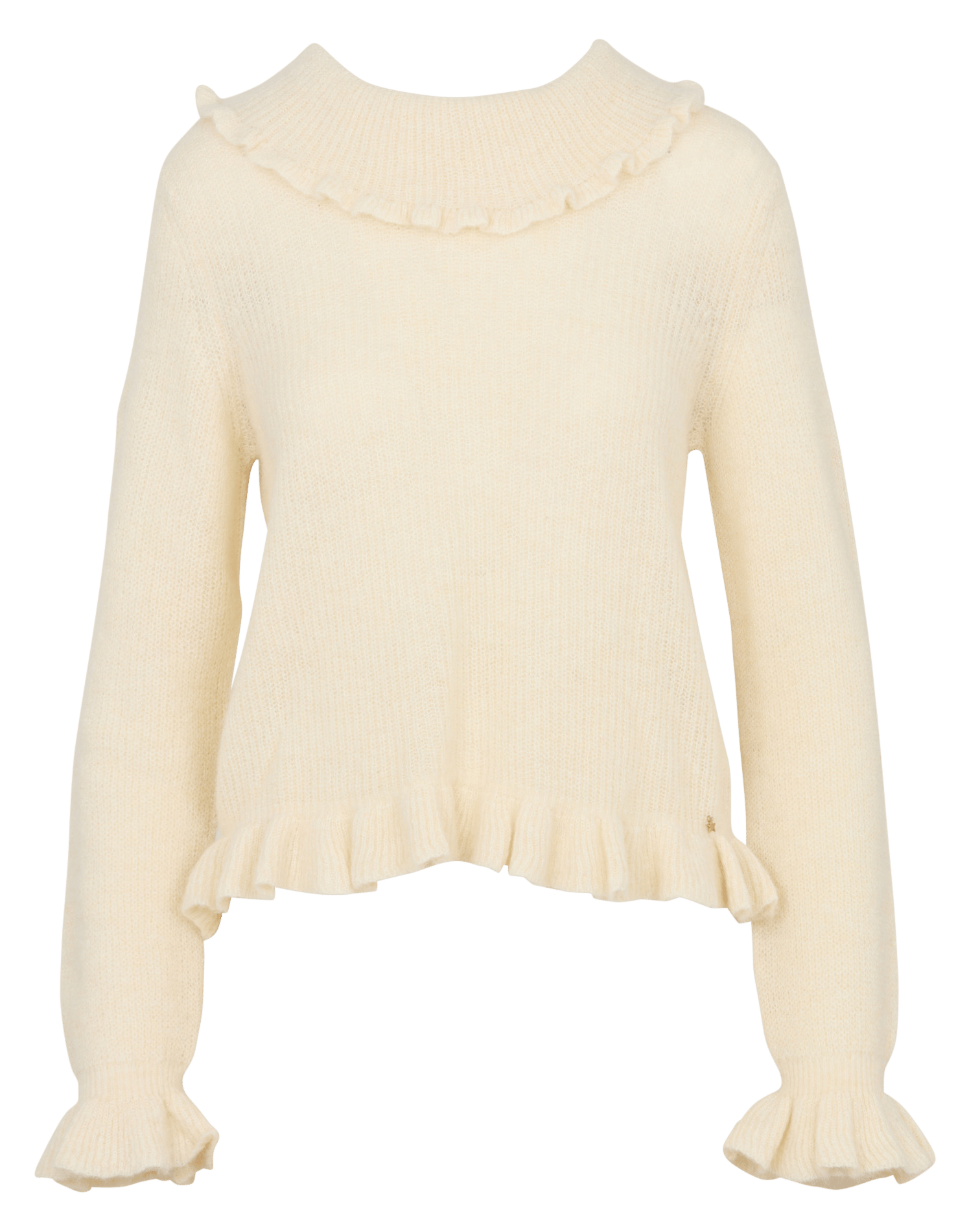 Pull col volanté à dos boutonné en laine et soie DES PETITS HAUTS Beige