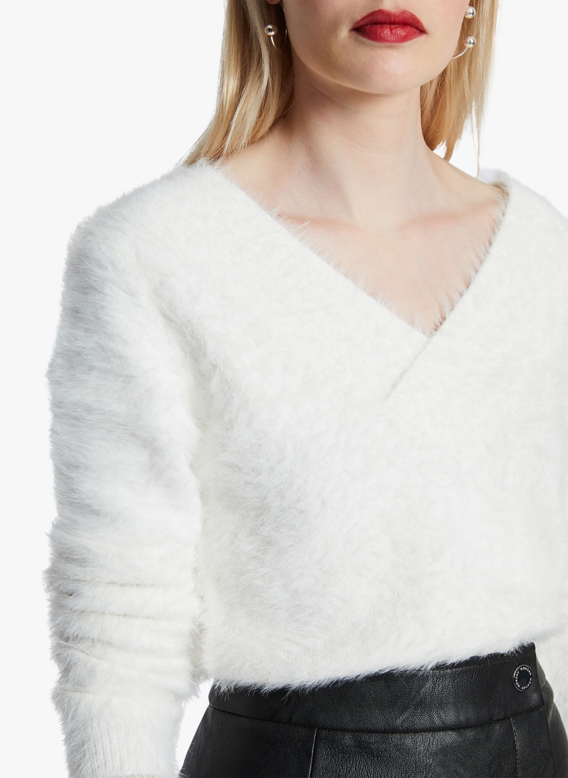 Pull décolleté V devant et dos en maille mélangée MORGAN Beige