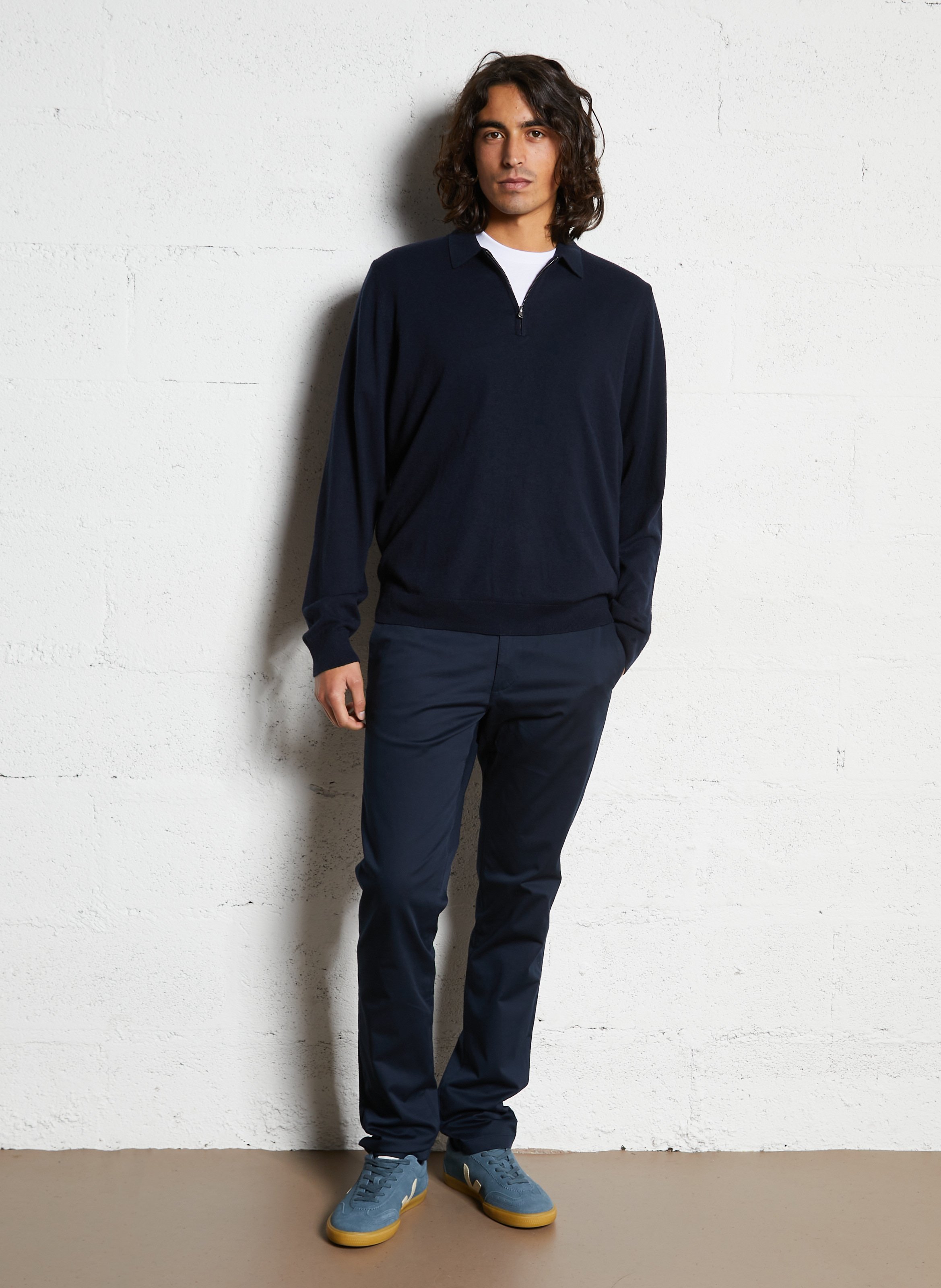 Solid straight fit polo with zippered collar IKKS Blue