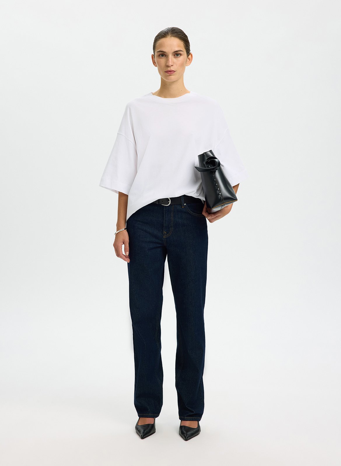 Oversized round neck organic cotton t-shirt SELECTED White