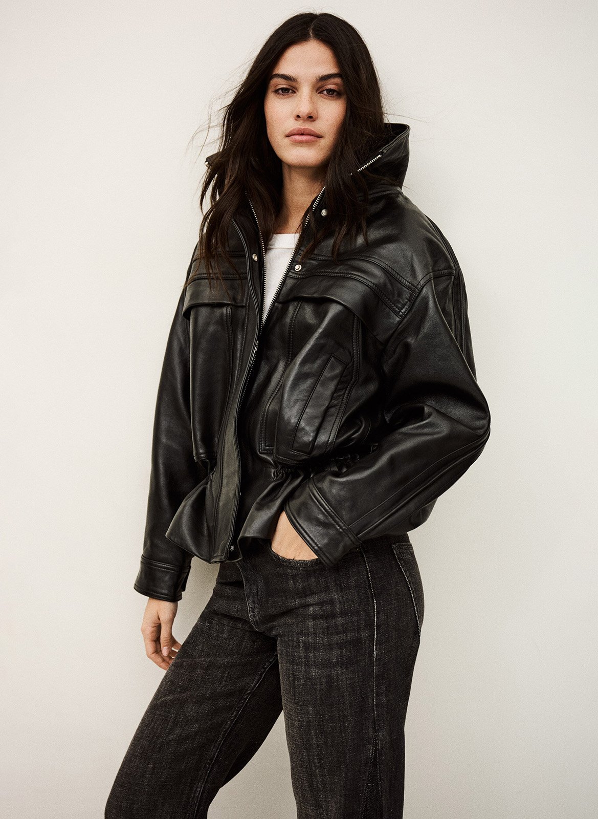 Getailleerd leren jack met opstaande kraag BA&SH Zwart