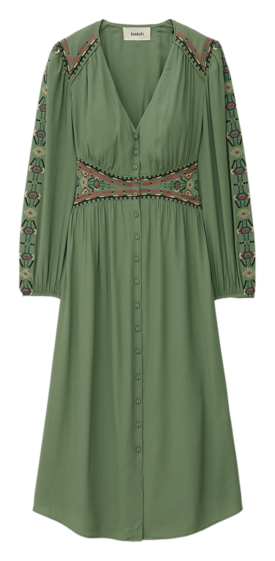 Lange rechte jurk met borduursel BA&SH Groen
