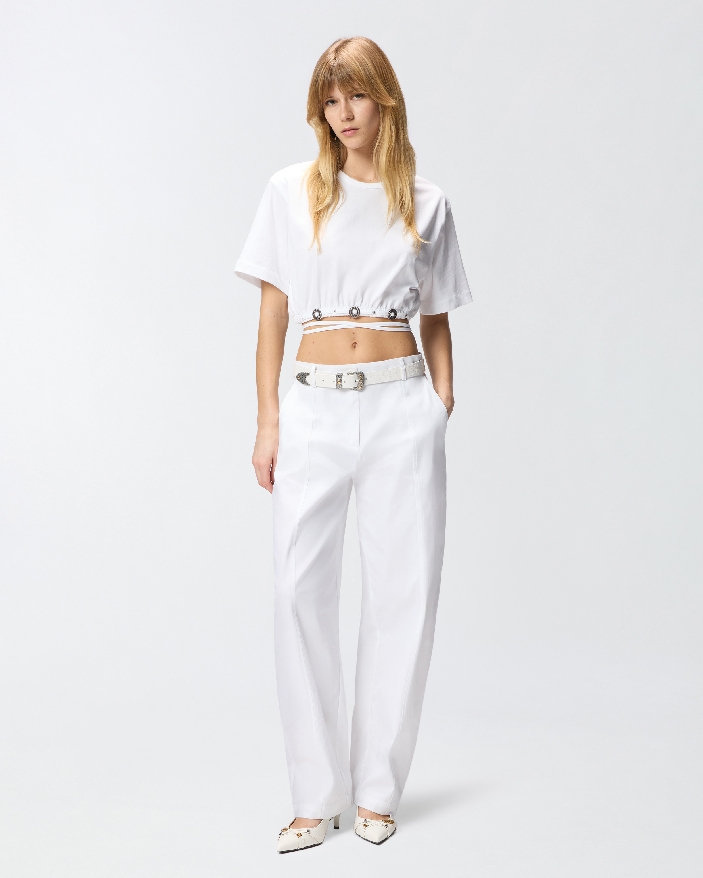 Cropped lace-up t-shirt with western details White