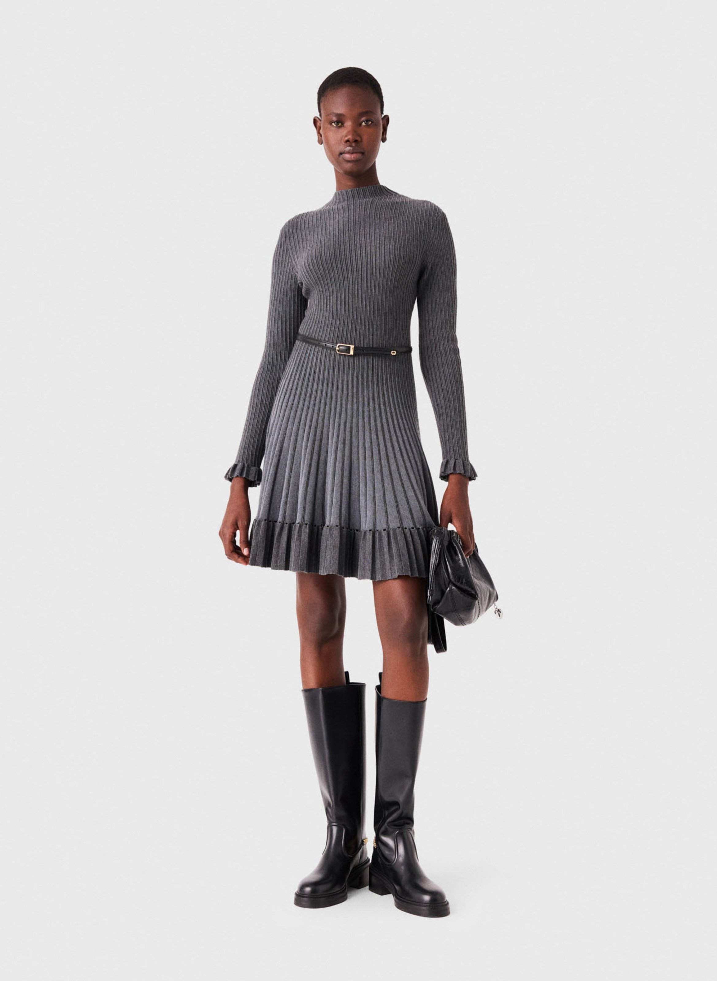 Fitted flared dress with round pleated neckline MAJE Grey