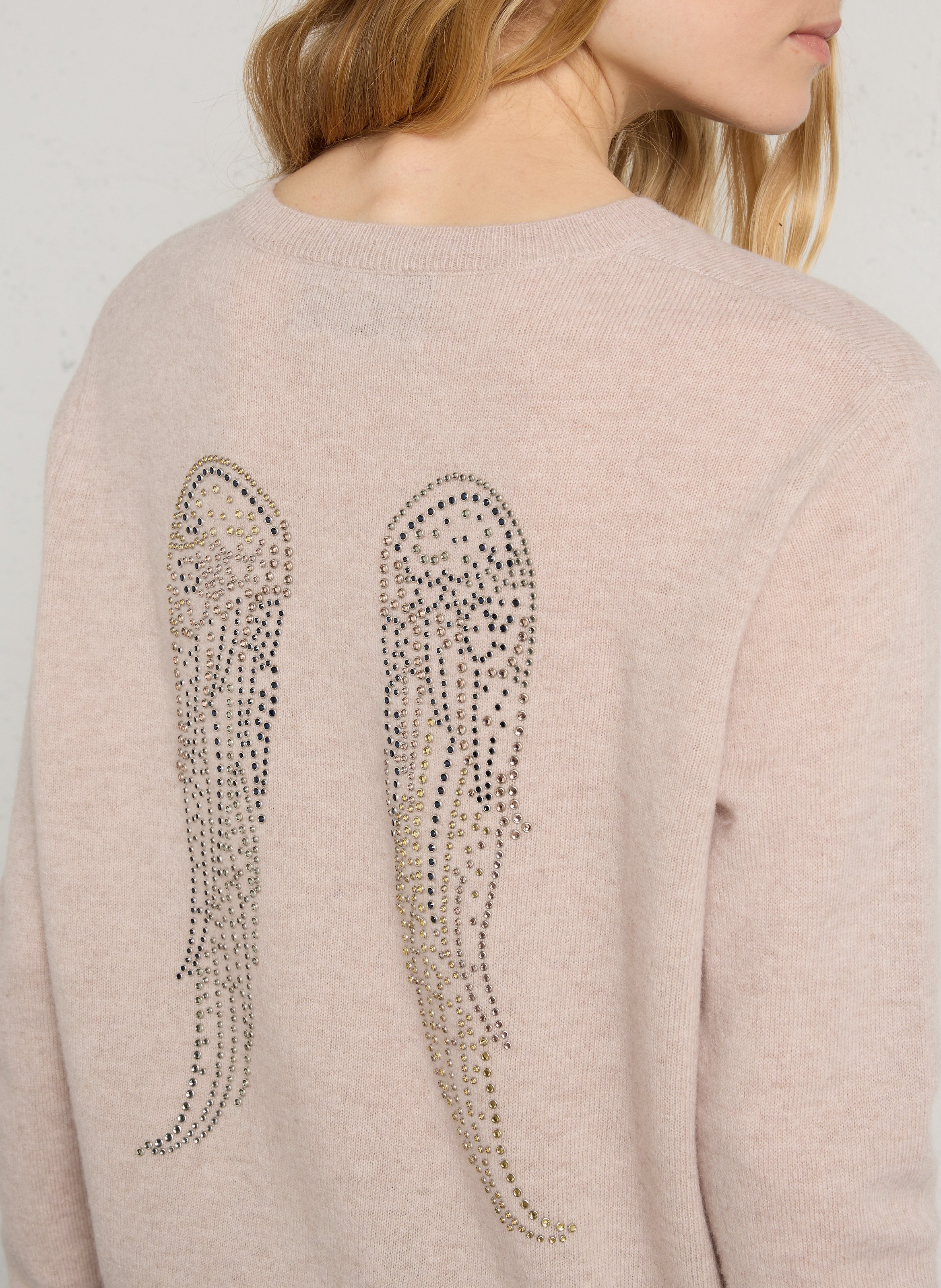 Oversized round-neck wool sweater with studs BERENICE Beige