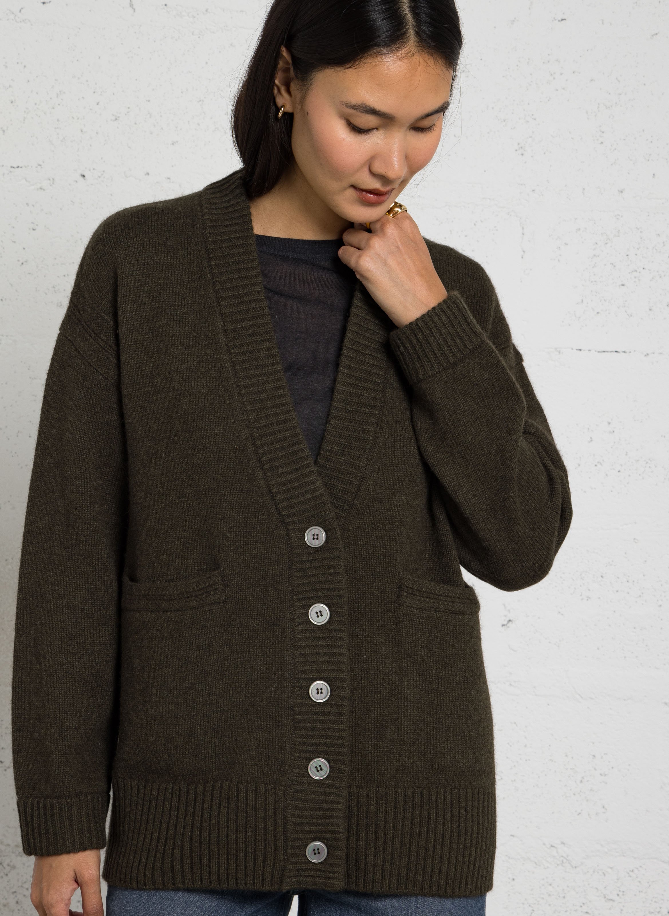 Gilet ample col V en laine MAISON 123 Kaki