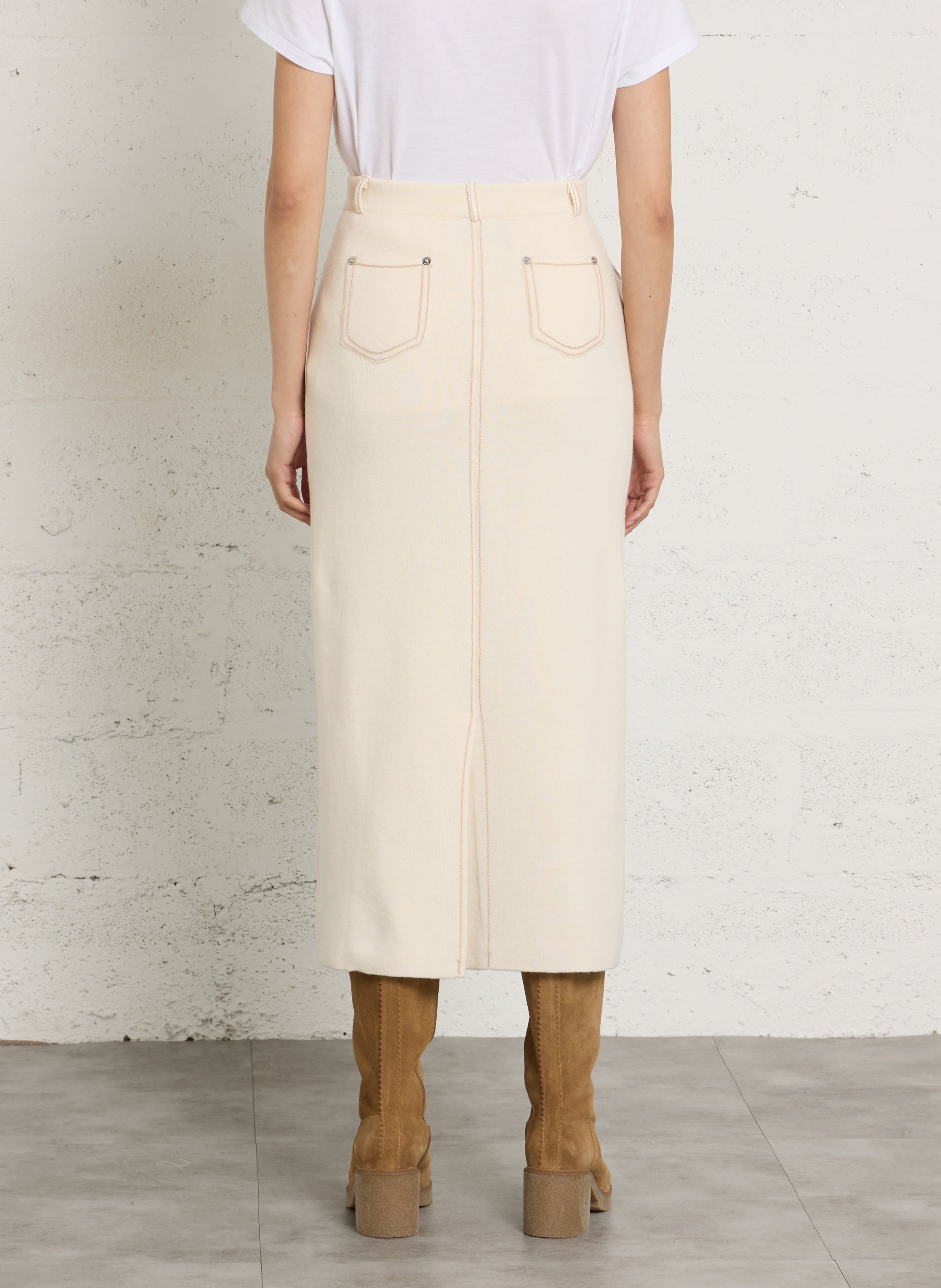 Midirok van wol met sierstiksels BERENICE Wit