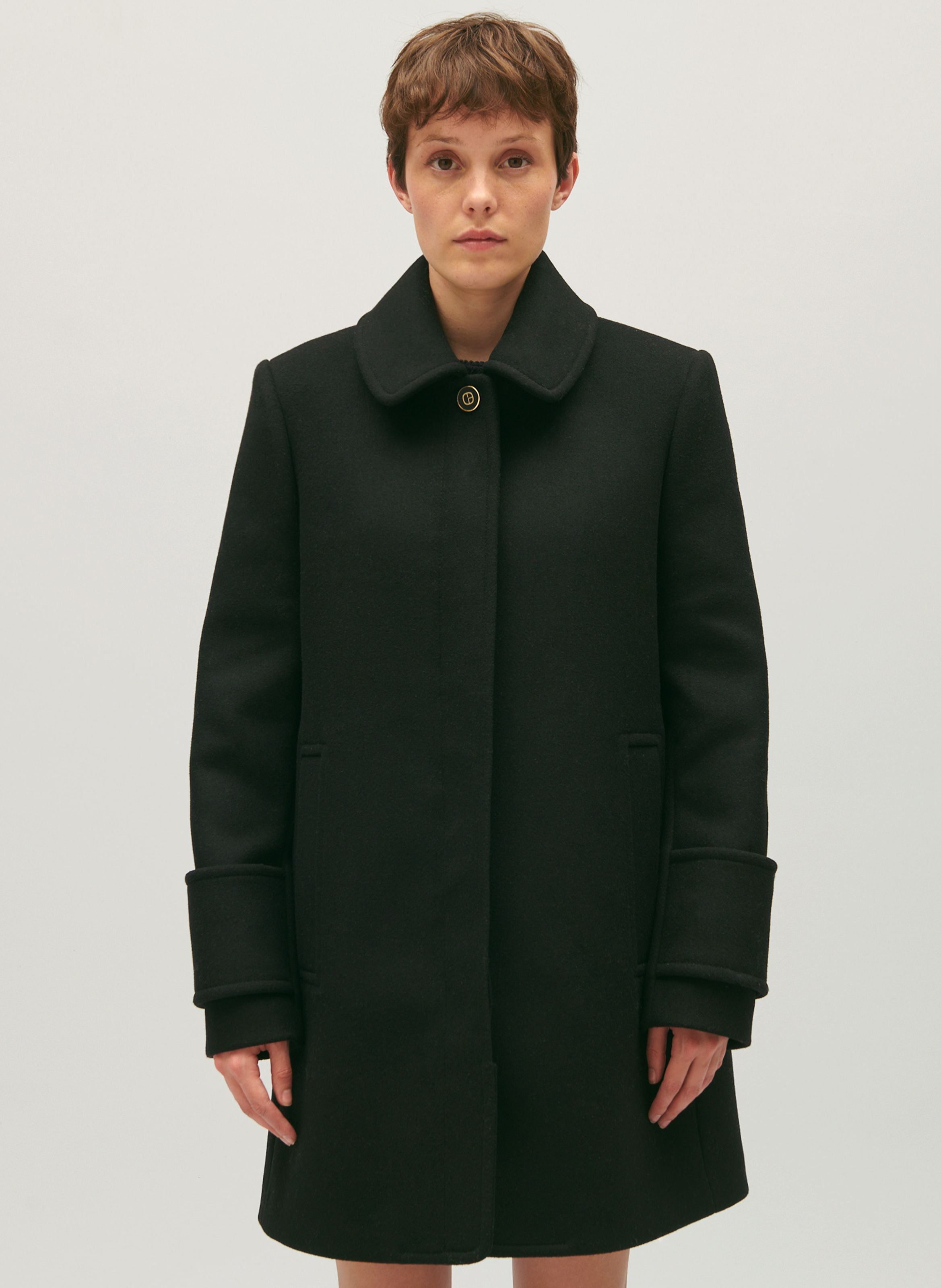 Manteau droit col claudine en laine m lang e Noir