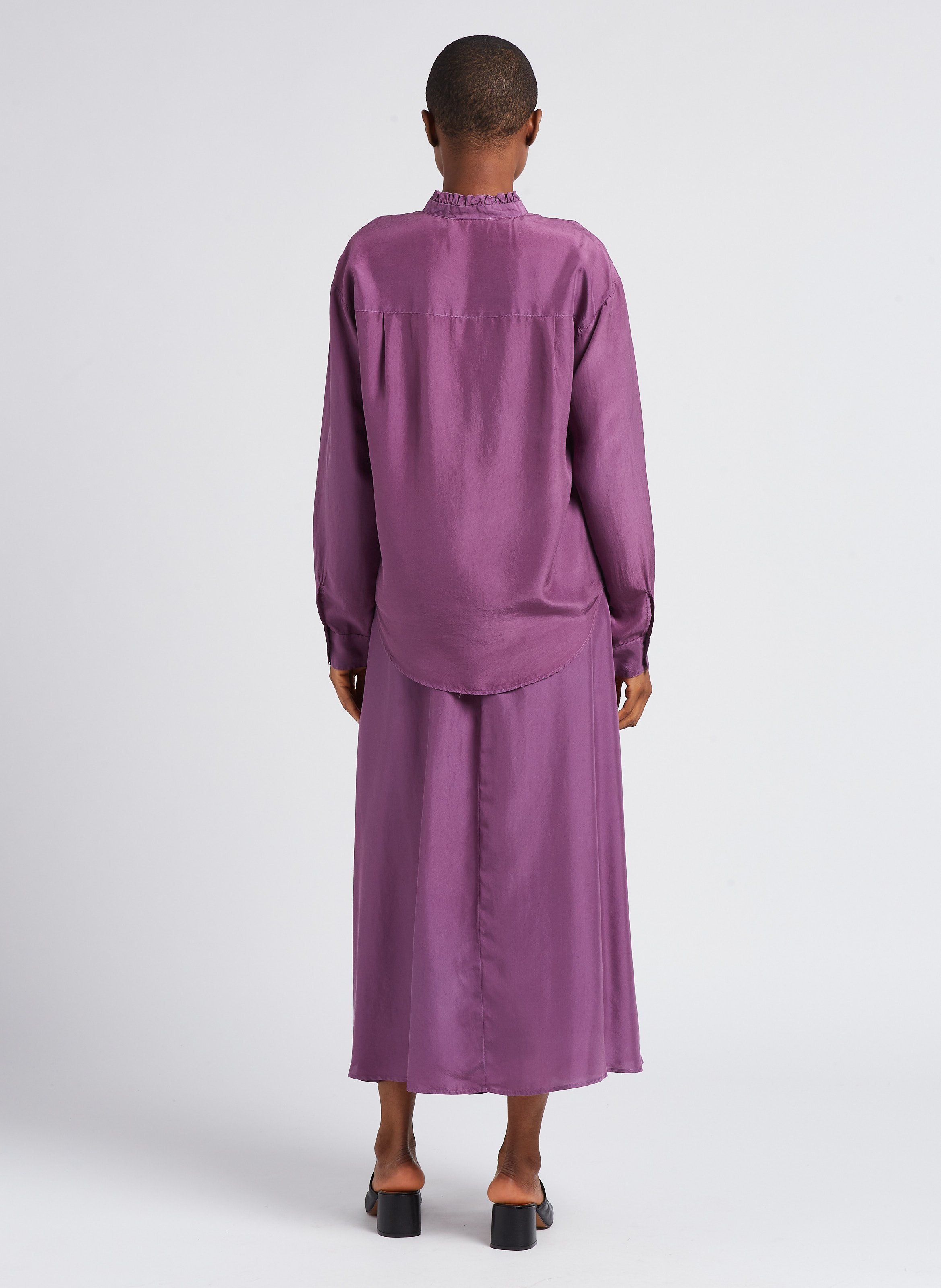 Straight silk blouse with Victorian collar POMANDERE Purple