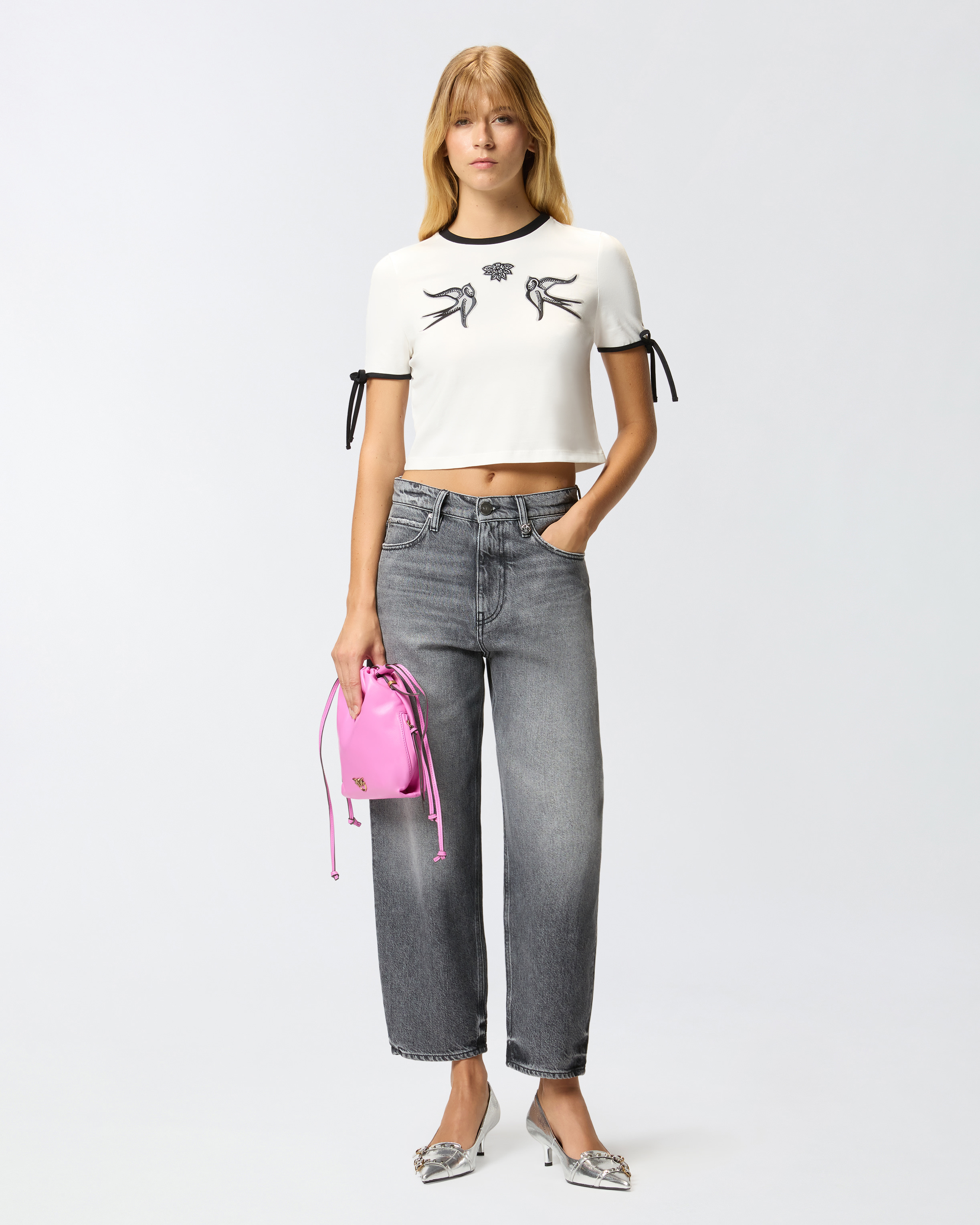 Cropped Love Birds T-shirt PINKO White