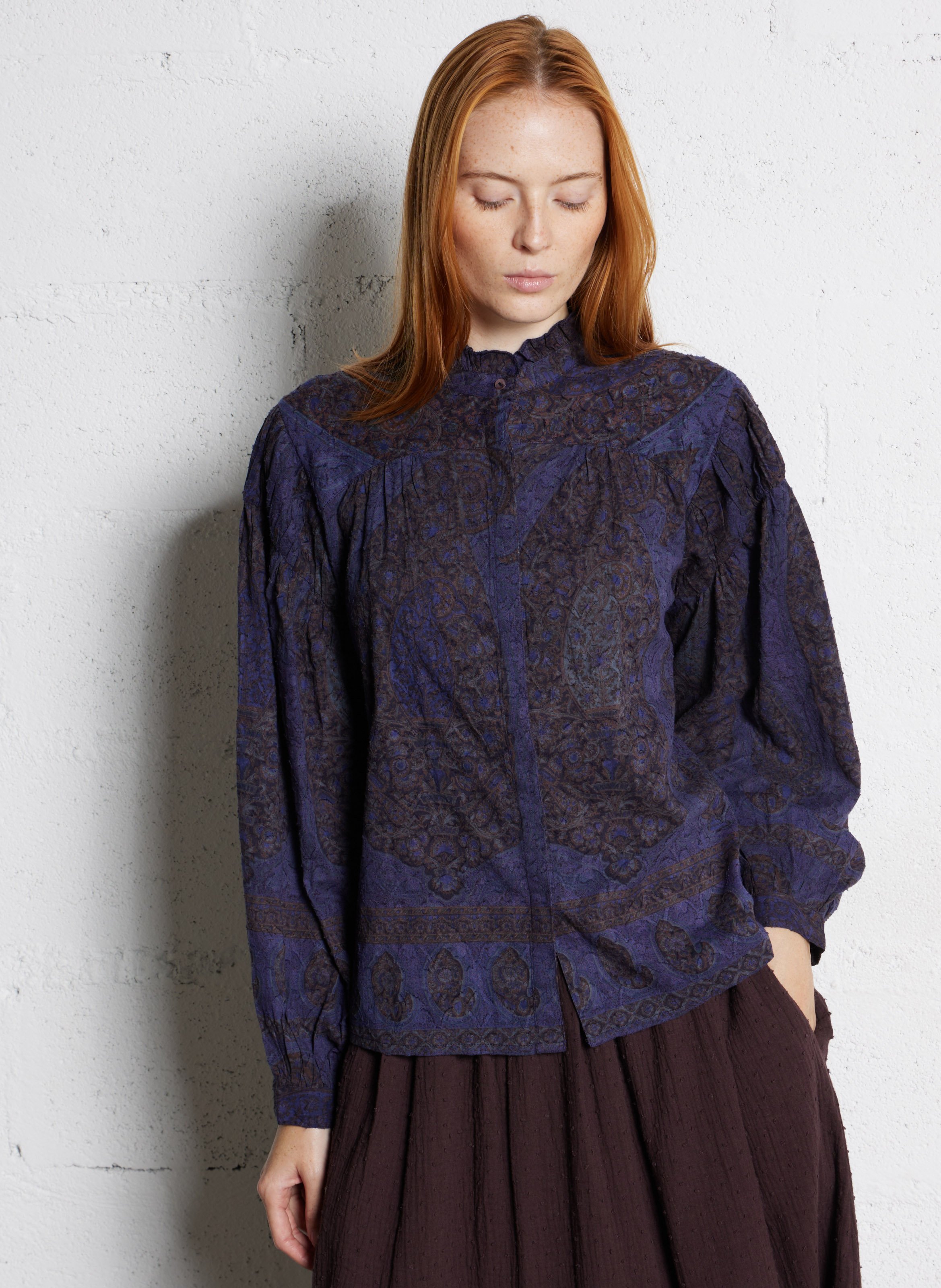 Oversize Hemd mit viktorianischem Kragen aus Baumwolle ANTIK BATIK Blau