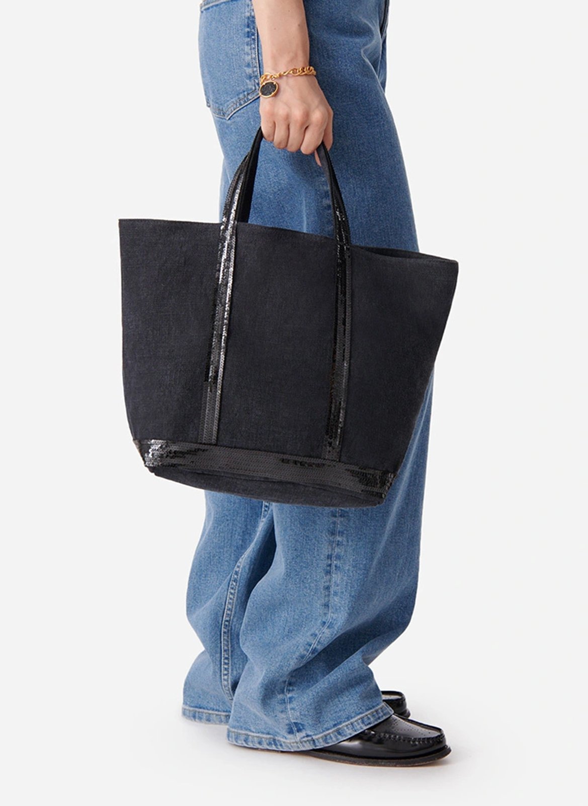 Sequin-embroidered linen tote bag VANESSA BRUNO Black