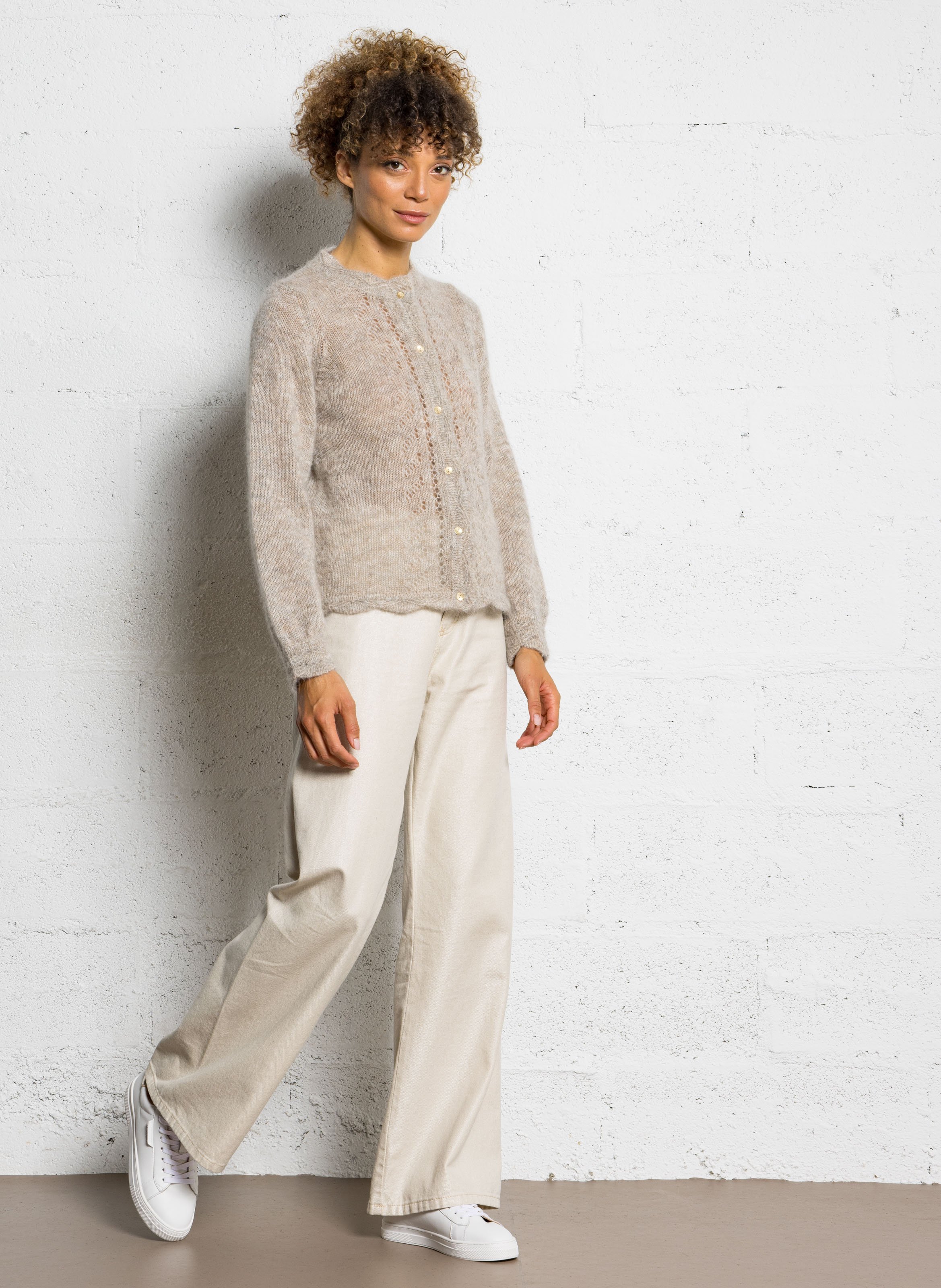 Jean large pailleté à poches PLEASE Beige