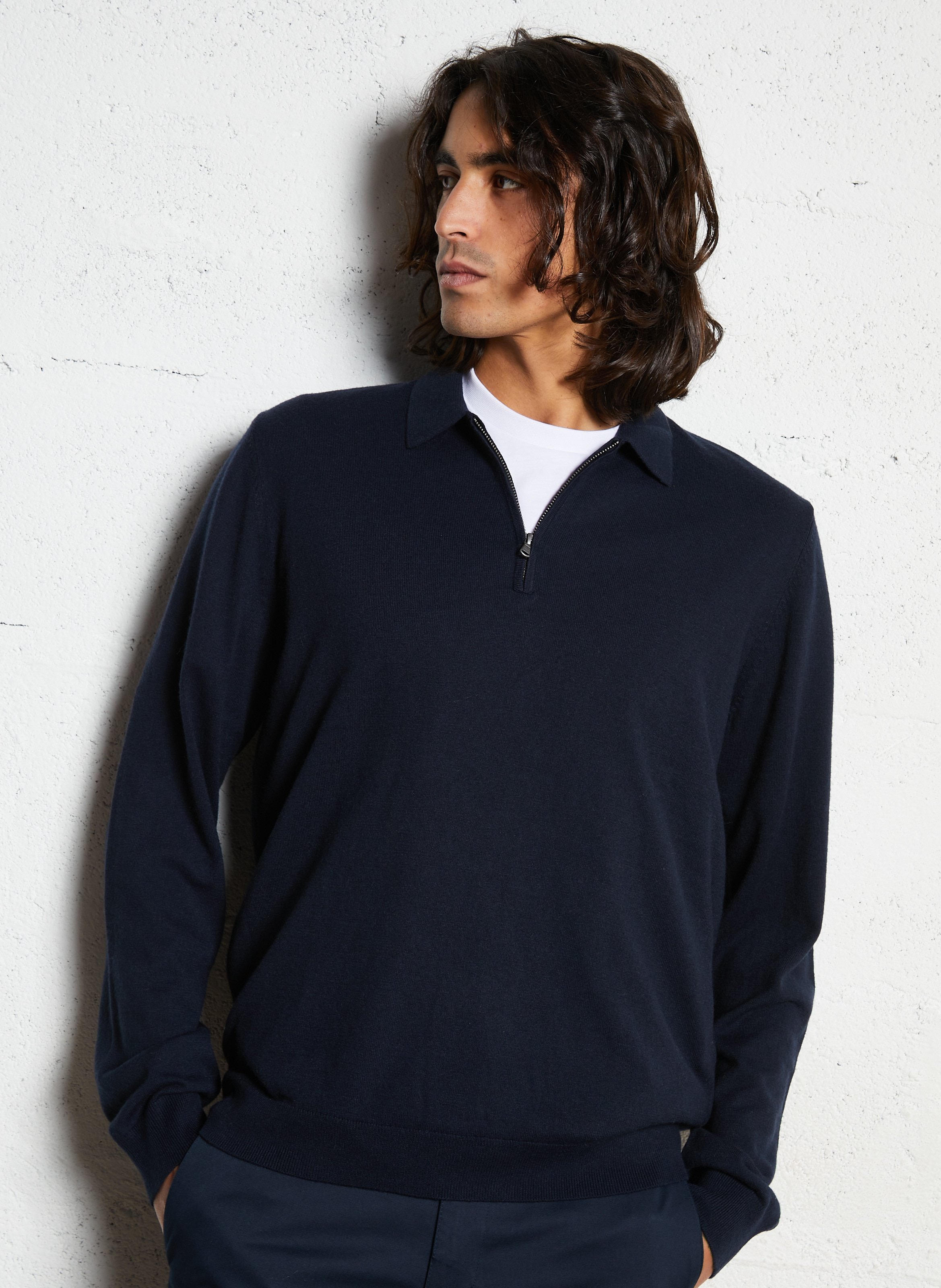 Solid straight fit polo with zippered collar IKKS Blue
