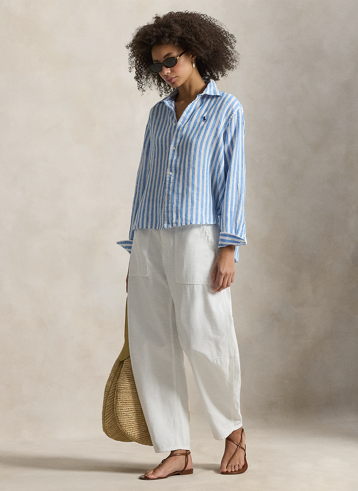 Ruimvallende, linnen blouse met klassieke kraag en print POLO RALPH LAUREN Blauw