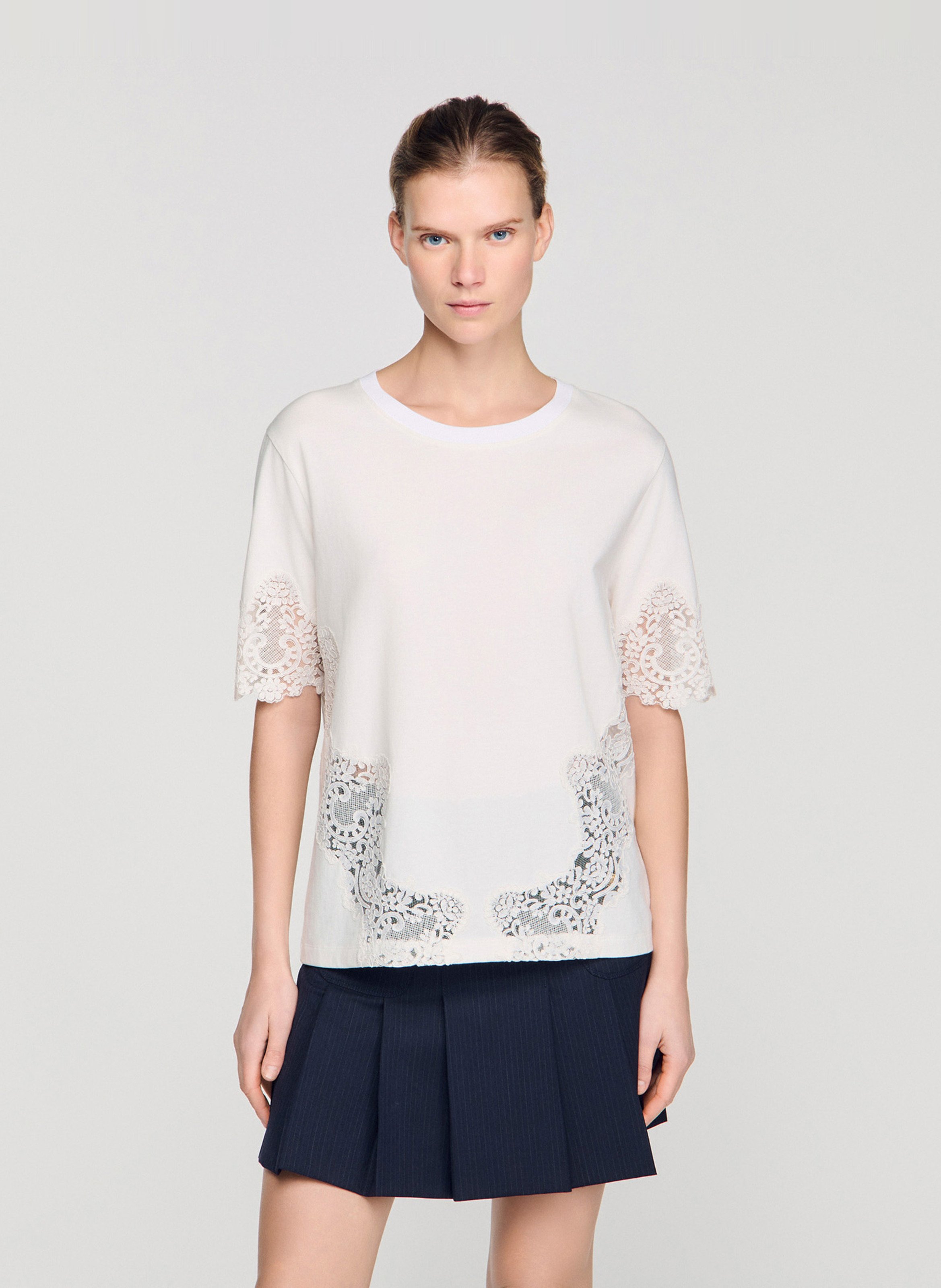 Tee-shirt droit col rond en coton SANDRO Beige