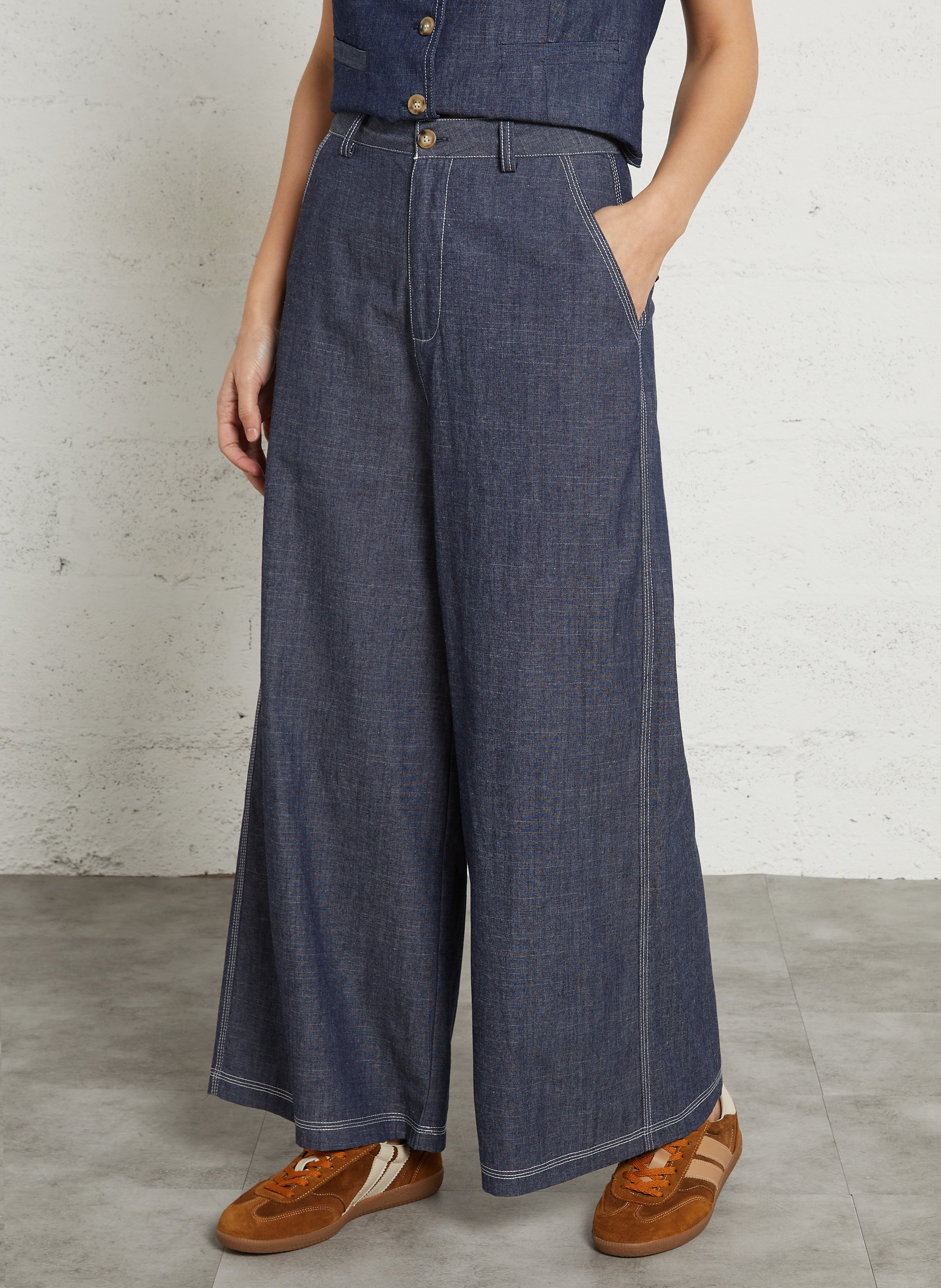Pantalon large en denim surpiqué THE KORNER Bleu