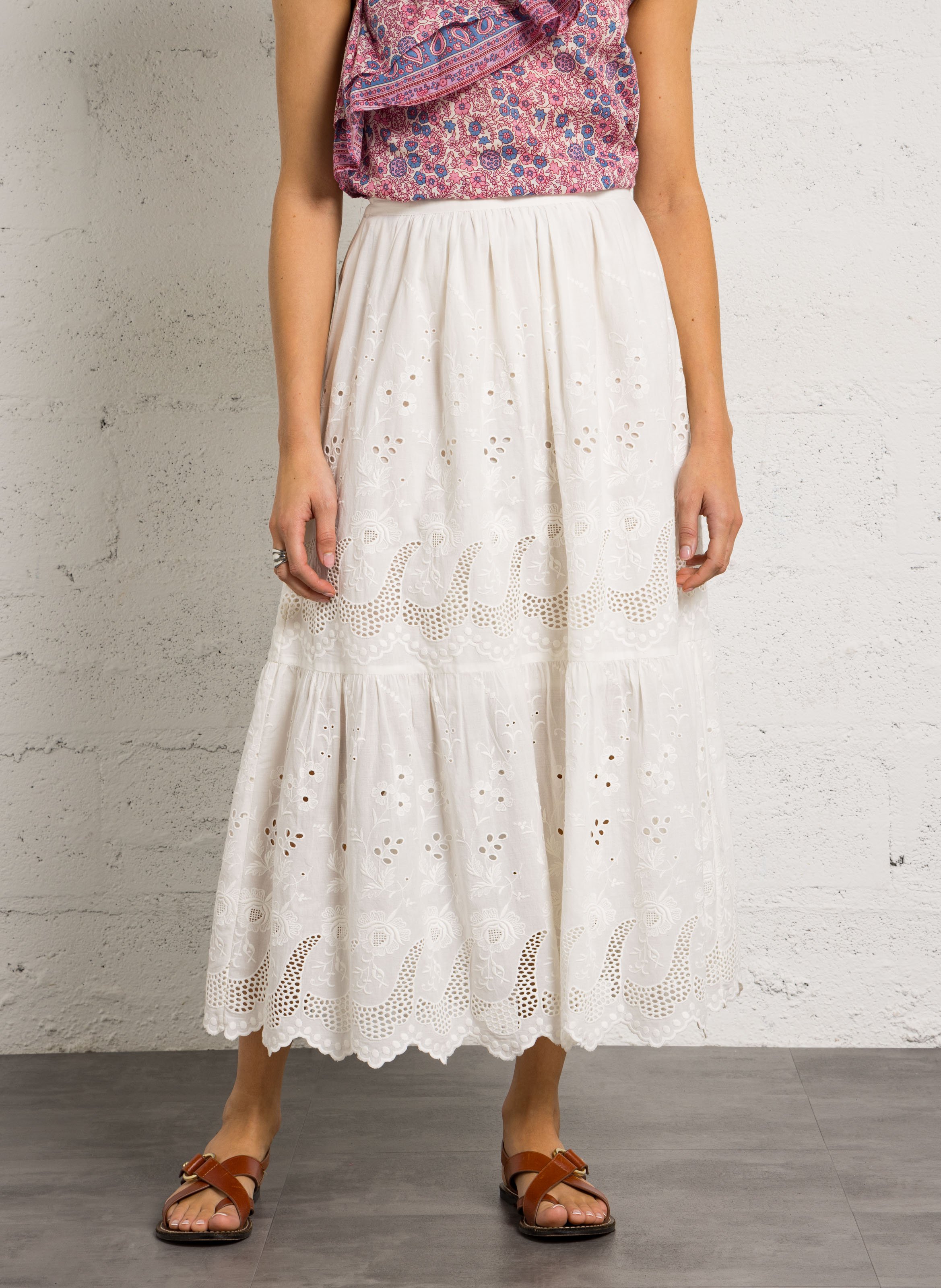 Flared long skirt in cotton with English embroidery PETITE MENDIGOTE Beige