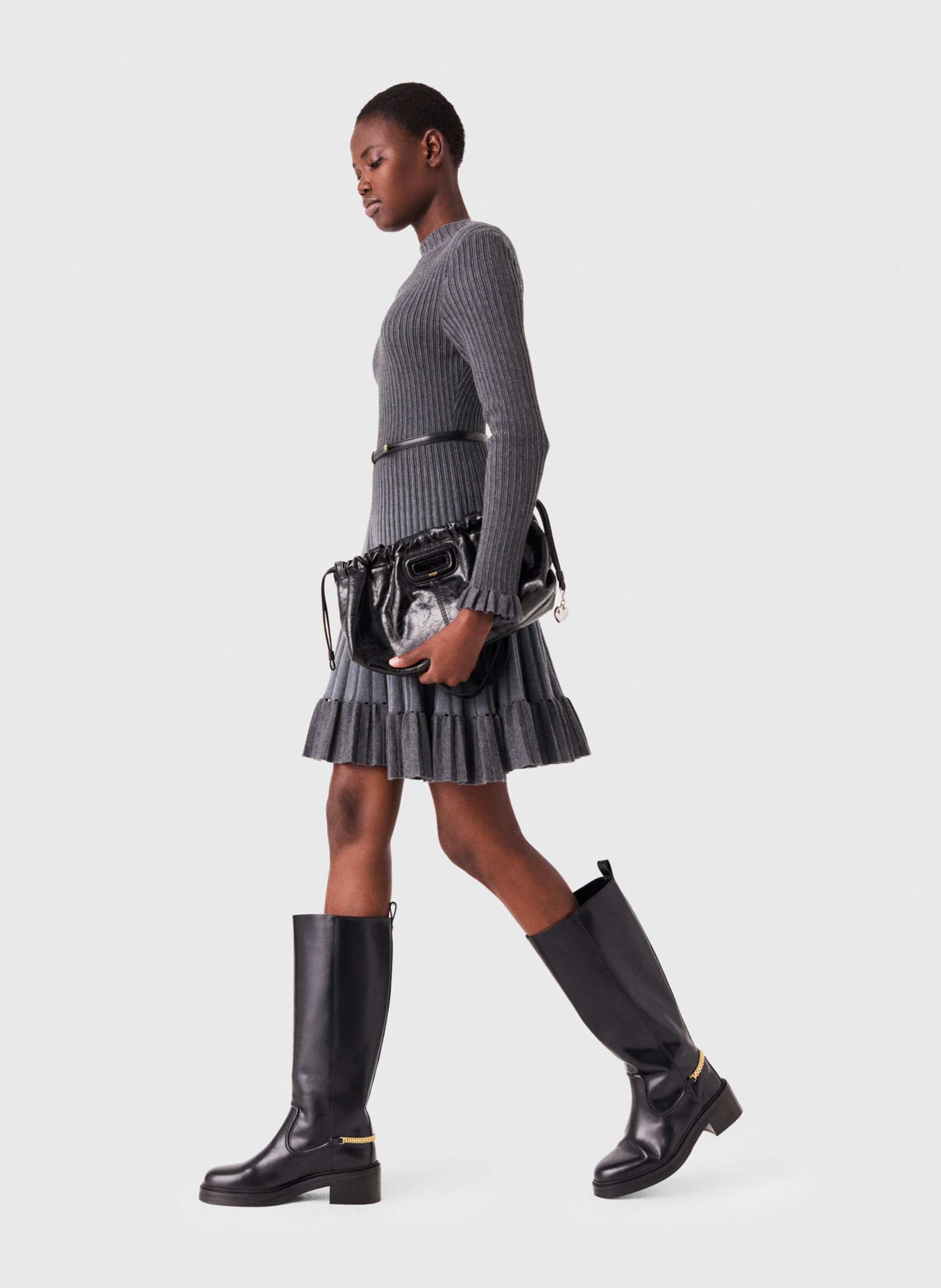 Fitted flared dress with round pleated neckline MAJE Grey