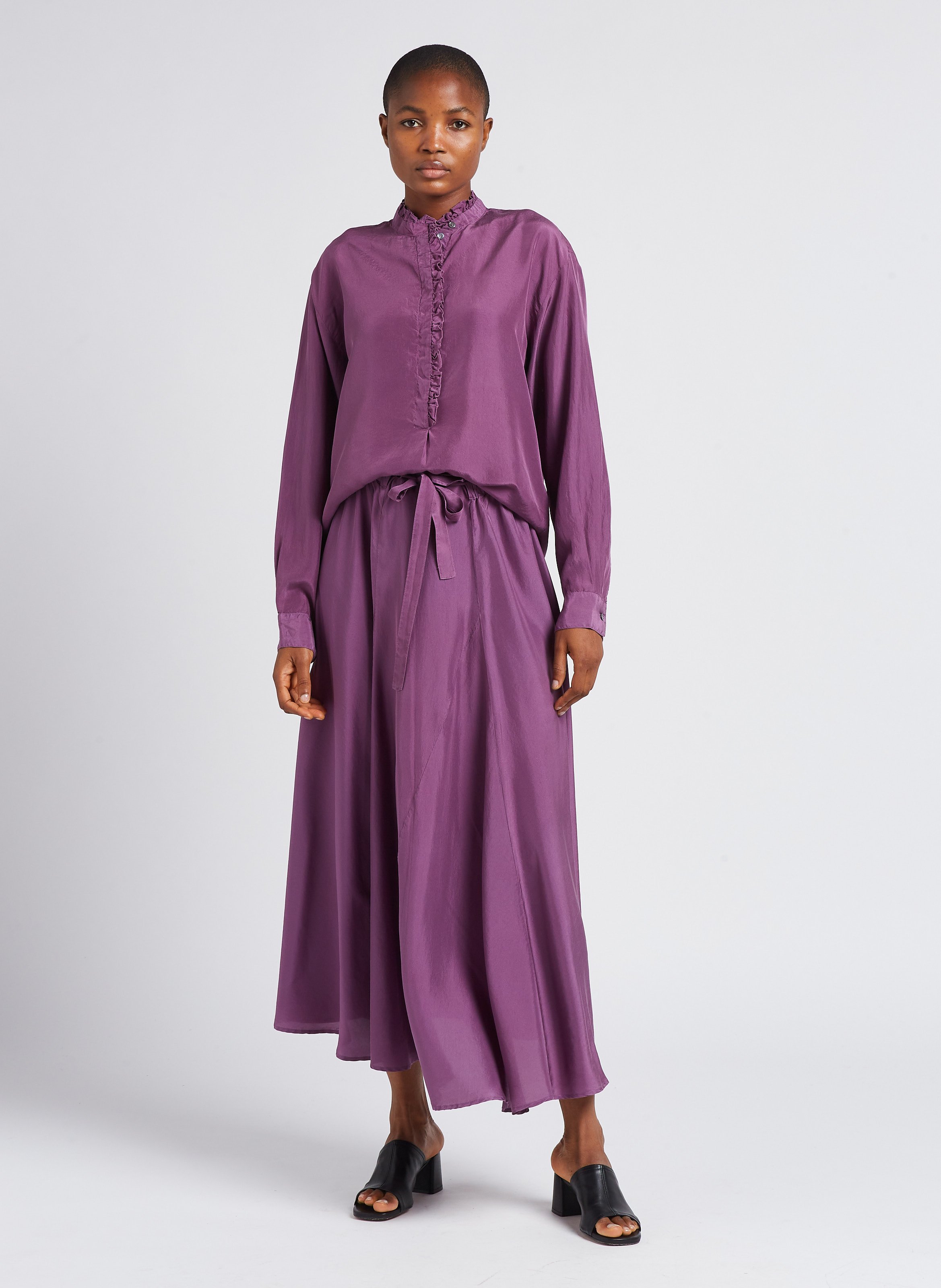 Straight silk blouse with Victorian collar POMANDERE Purple