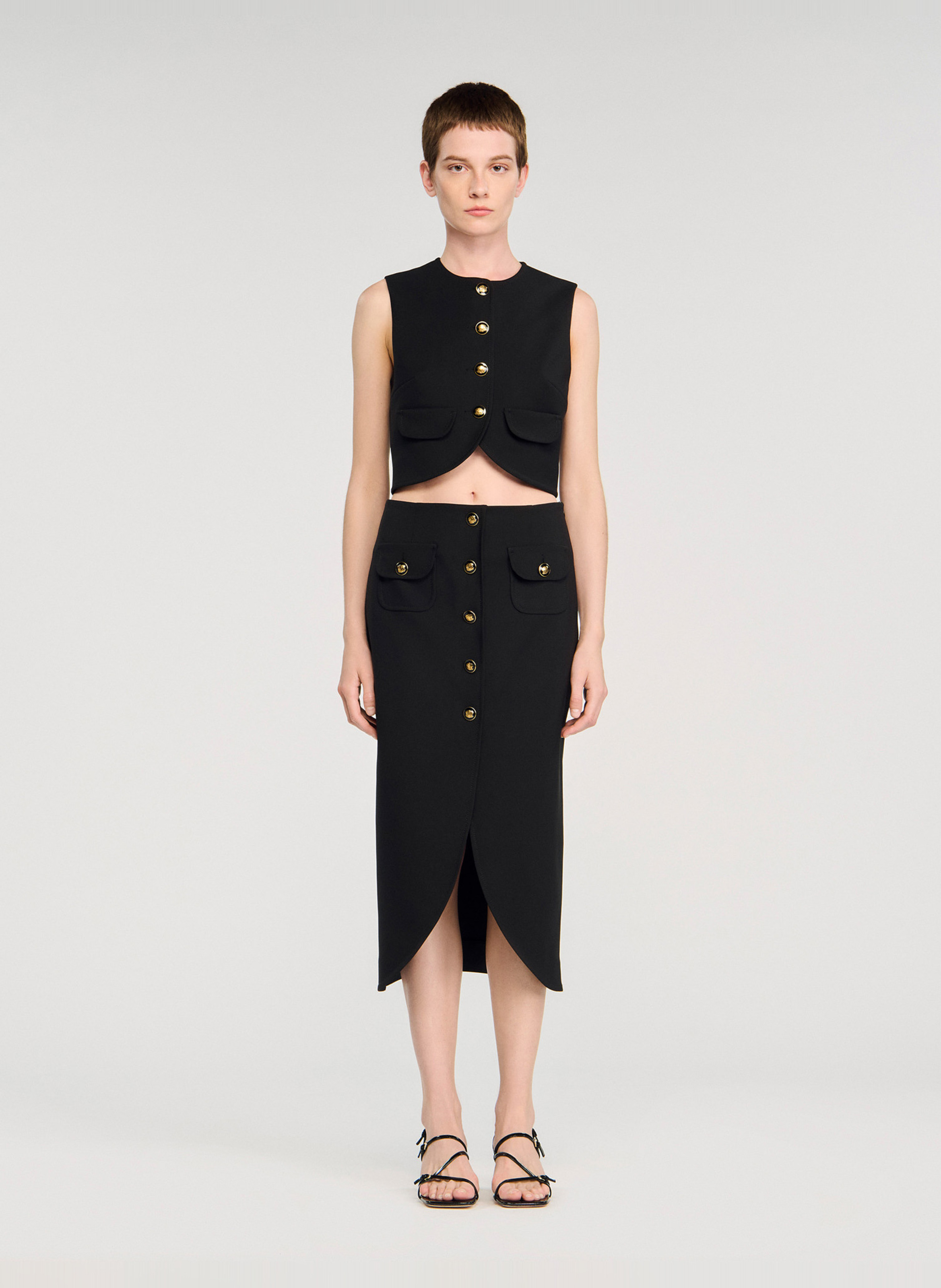 Jupe midi boutonnée en suède SANDRO Noir