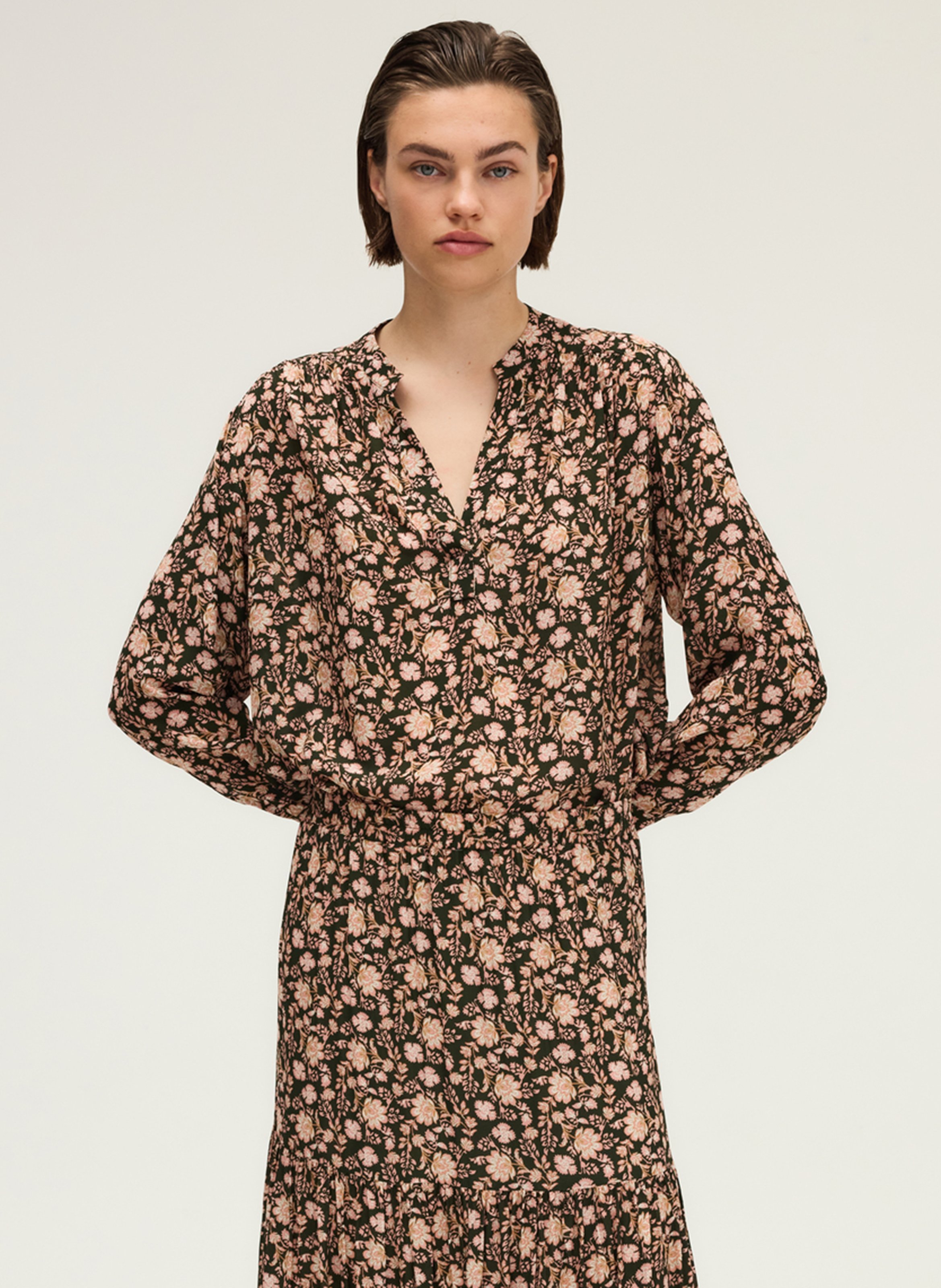Tunisian collar blouse with floral pattern PABLO Khaki