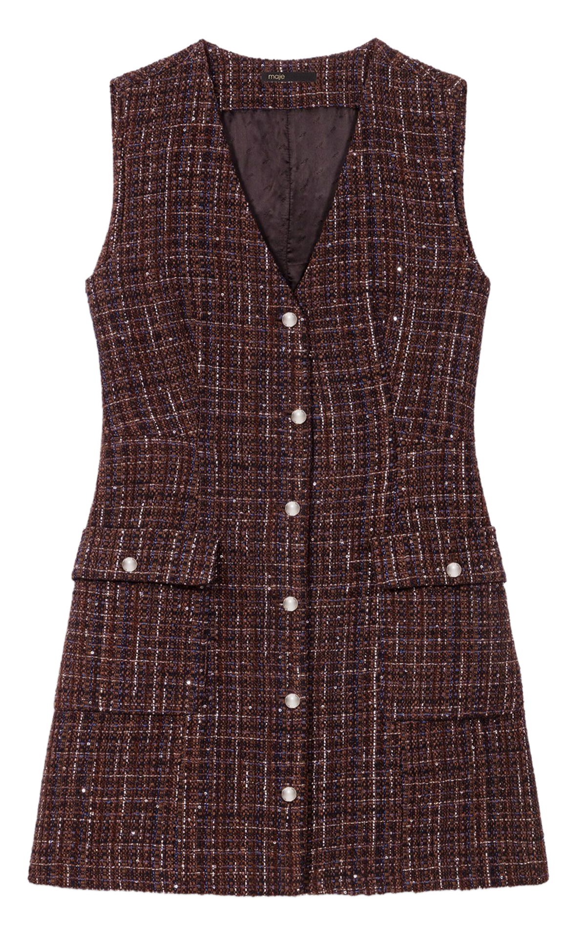 Robe courte en tweed col V MAJE Marron