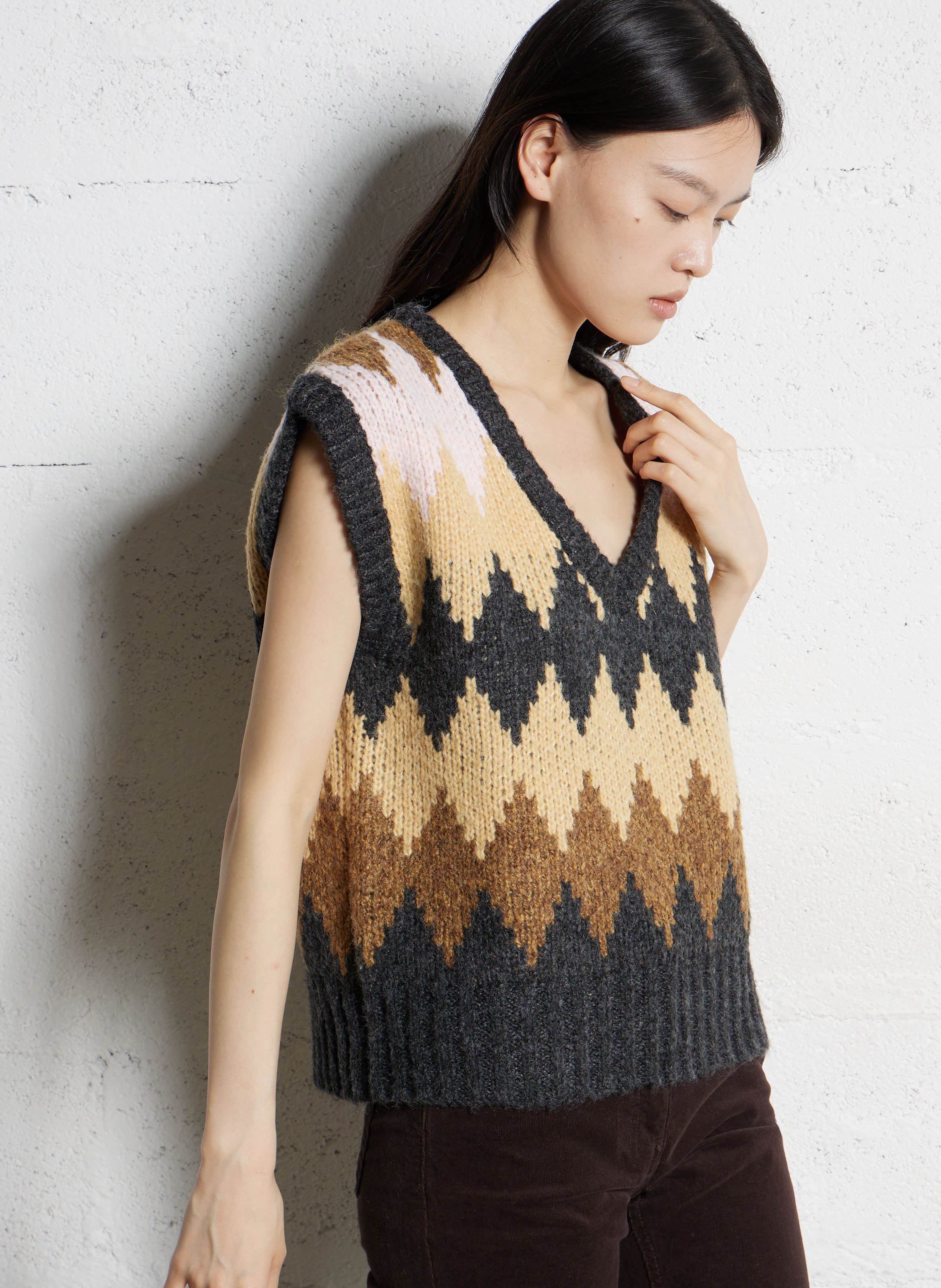 Pull droit col V en maille jacquard MAISON 123 Beige