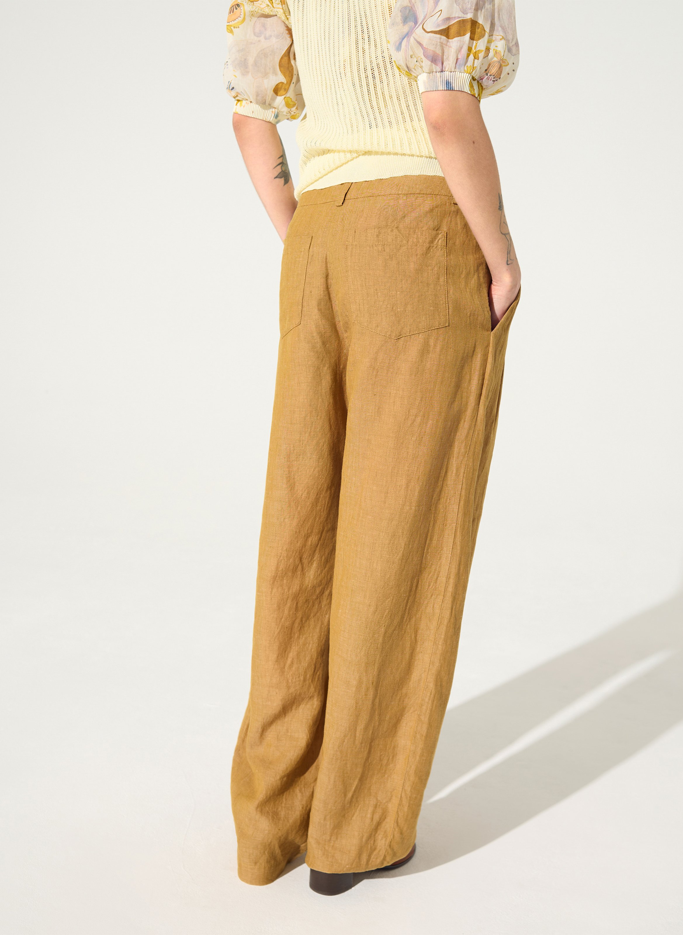 Wide leg pants in linen and cotton blend COTELAC Brown