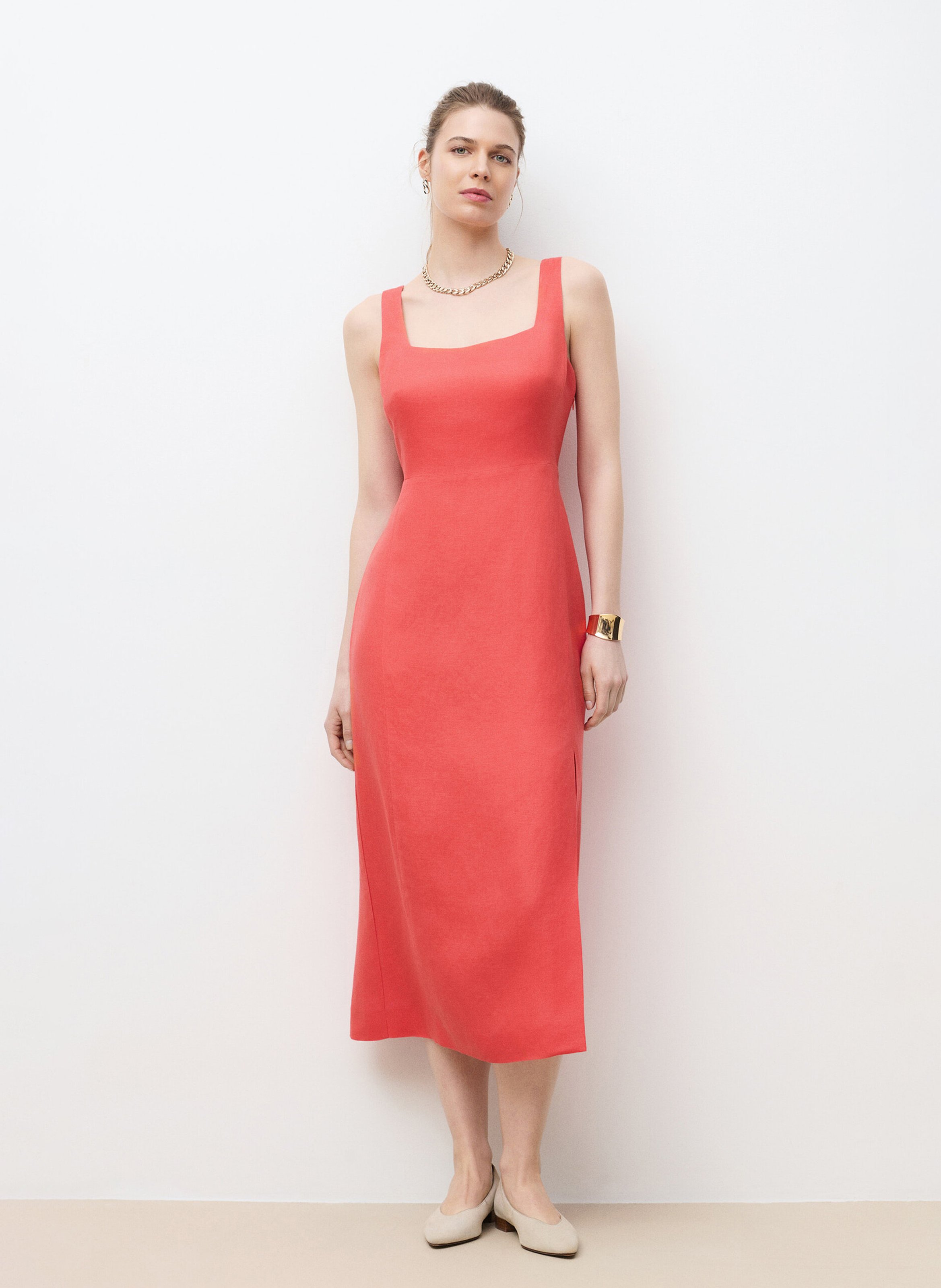 Robe midi col carré en lin mélangé CAROLL Rouge