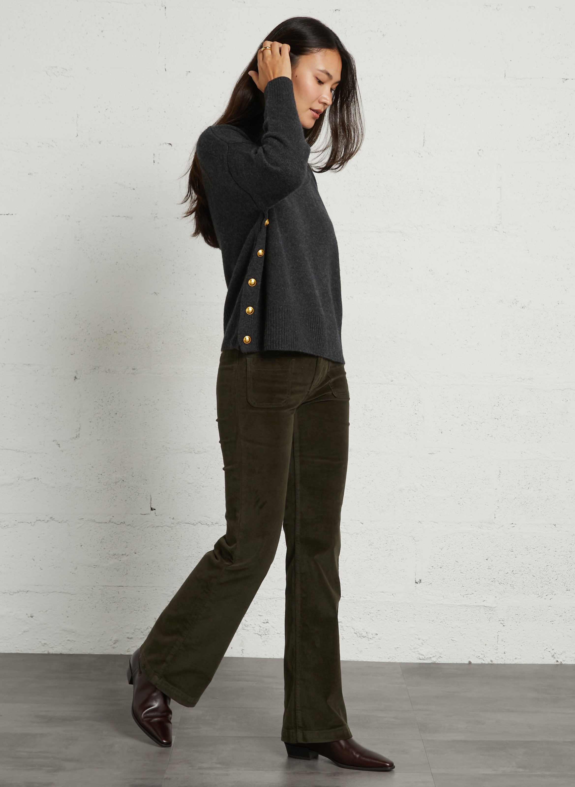 Pantalon flare taille haute en coton mélangé LA PETITE ETOILE Kaki
