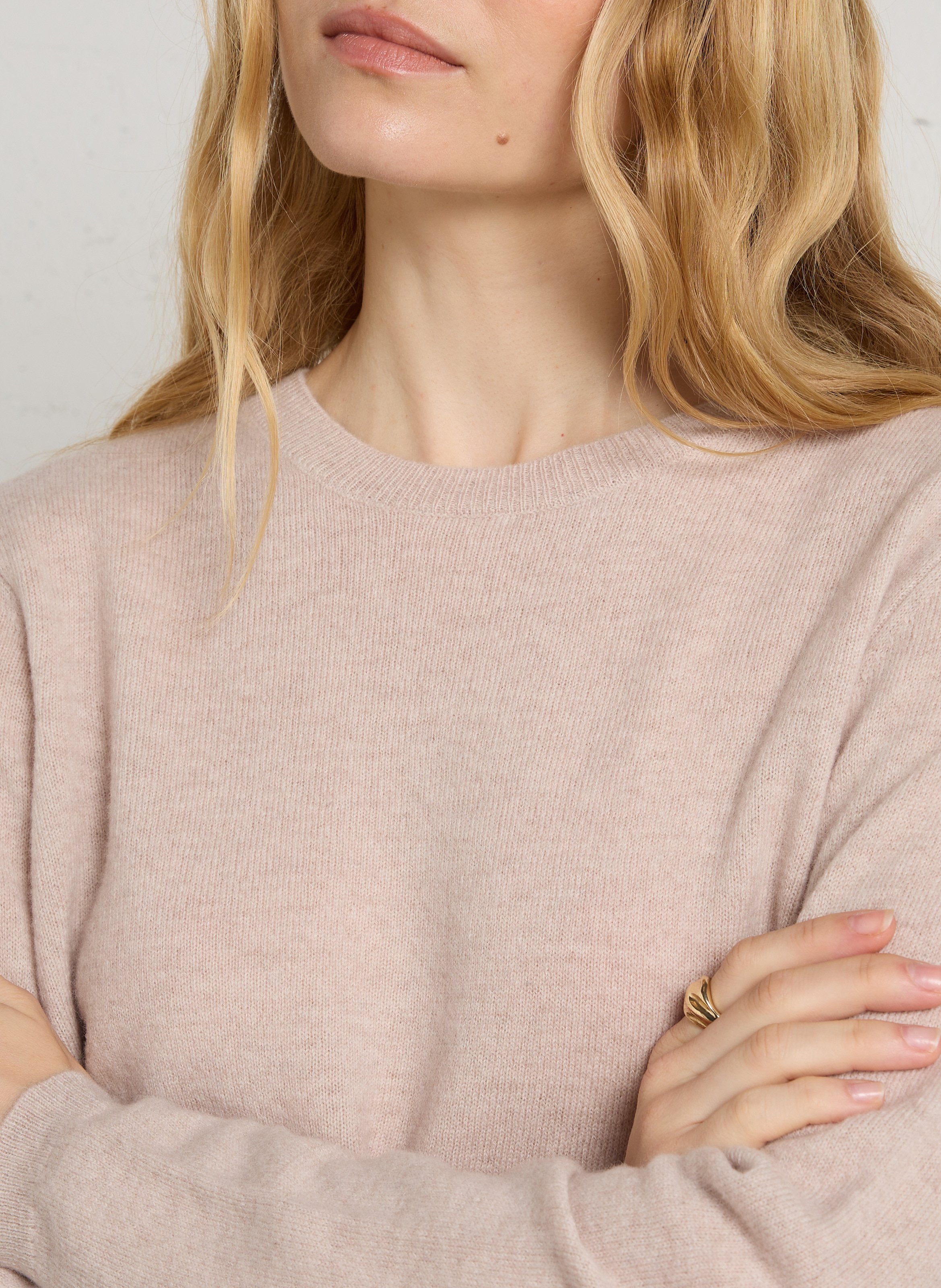 Oversized round-neck wool sweater with studs BERENICE Beige