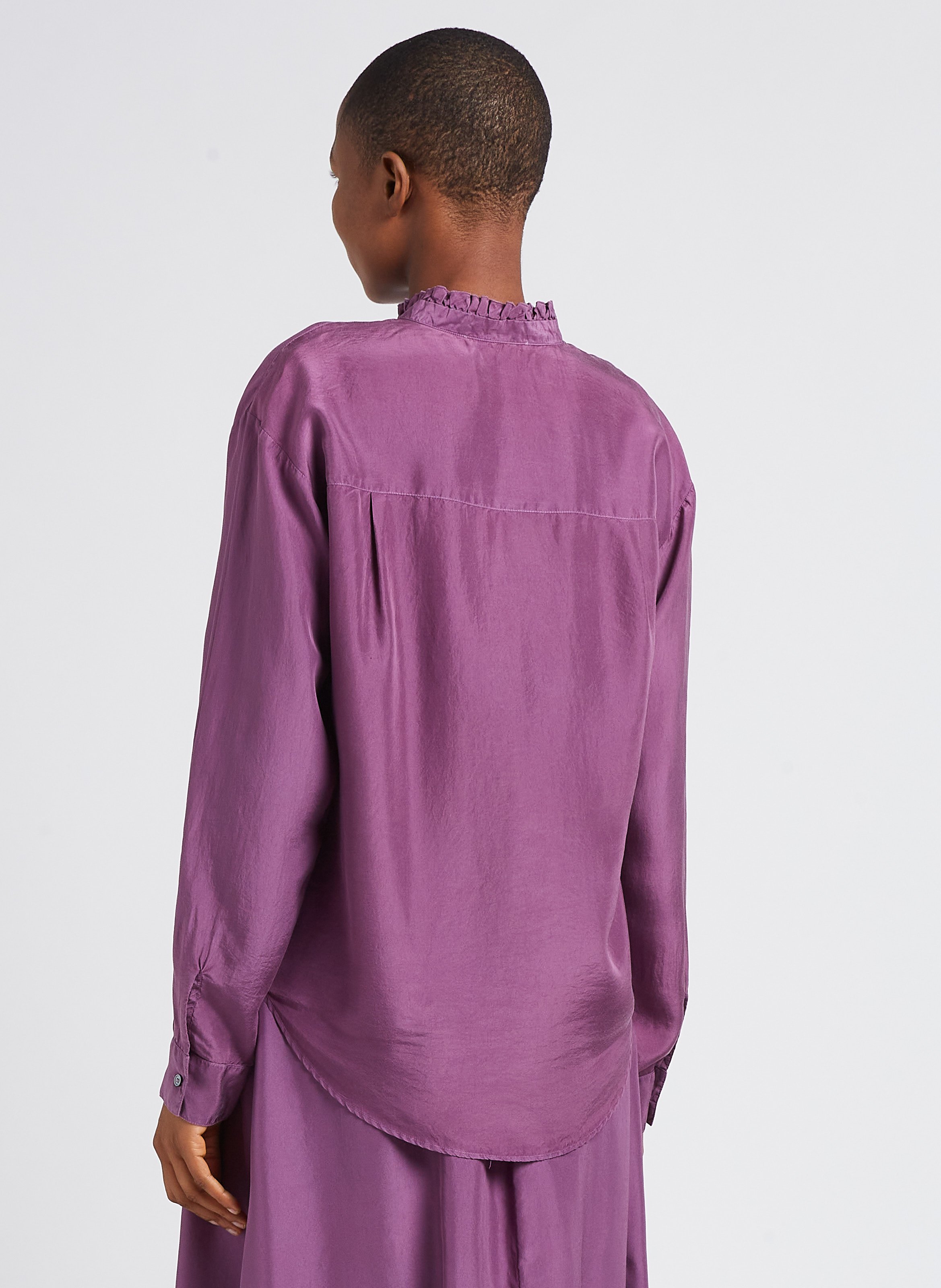 Straight silk blouse with Victorian collar POMANDERE Purple