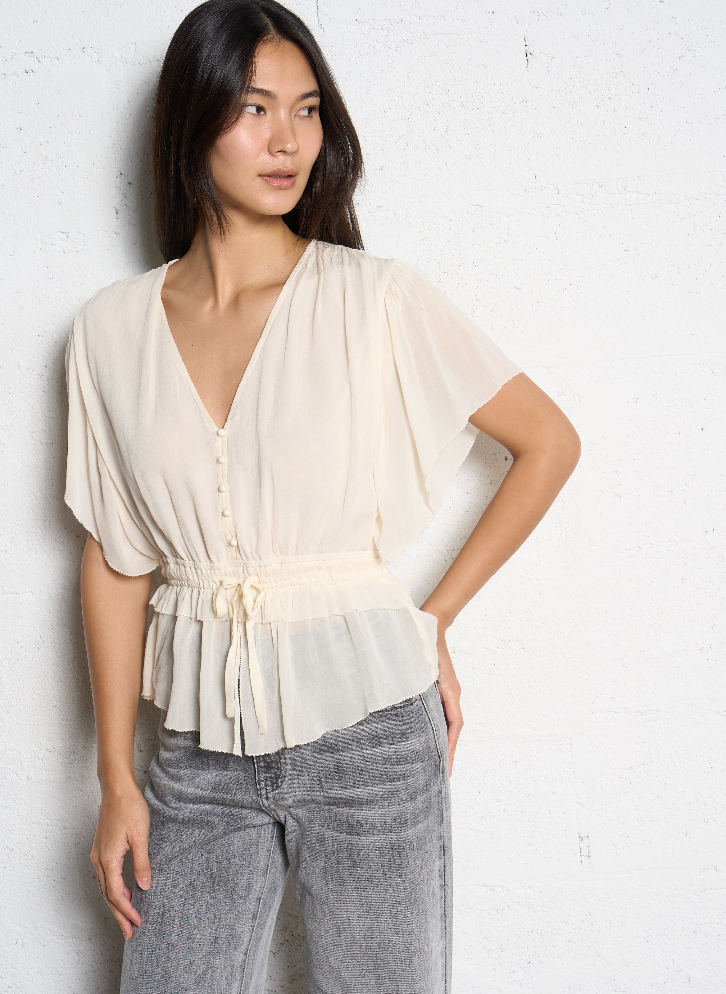 Bluse mit V-Ausschnitt und kurzen, fließenden Ärmeln SUNCOO Weiss