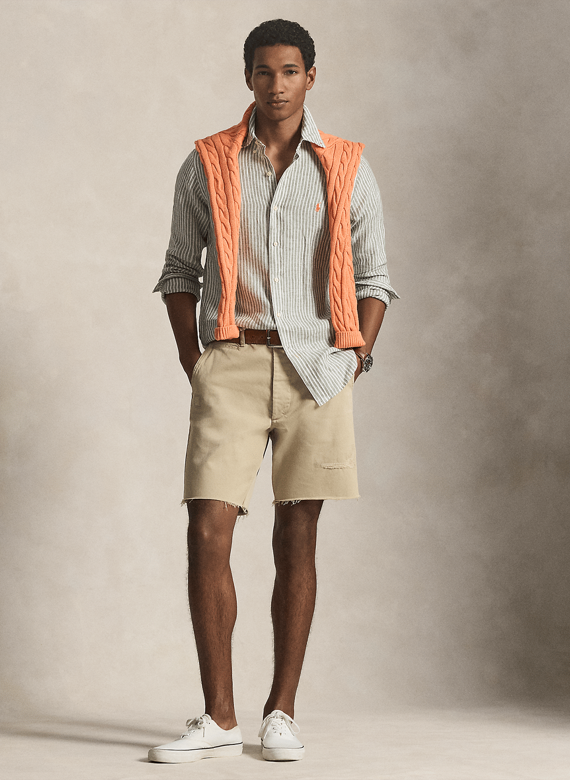 Camisa recta cuello clásico de lino a rayas POLO RALPH LAUREN Verde