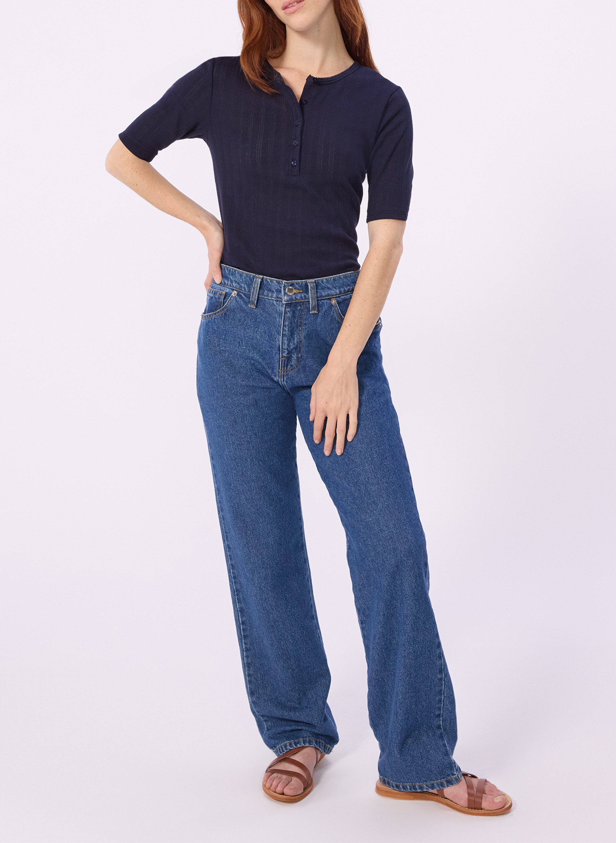 Top met knoopsluiting in pointelle-gebreide stof PETIT BATEAU Blauw