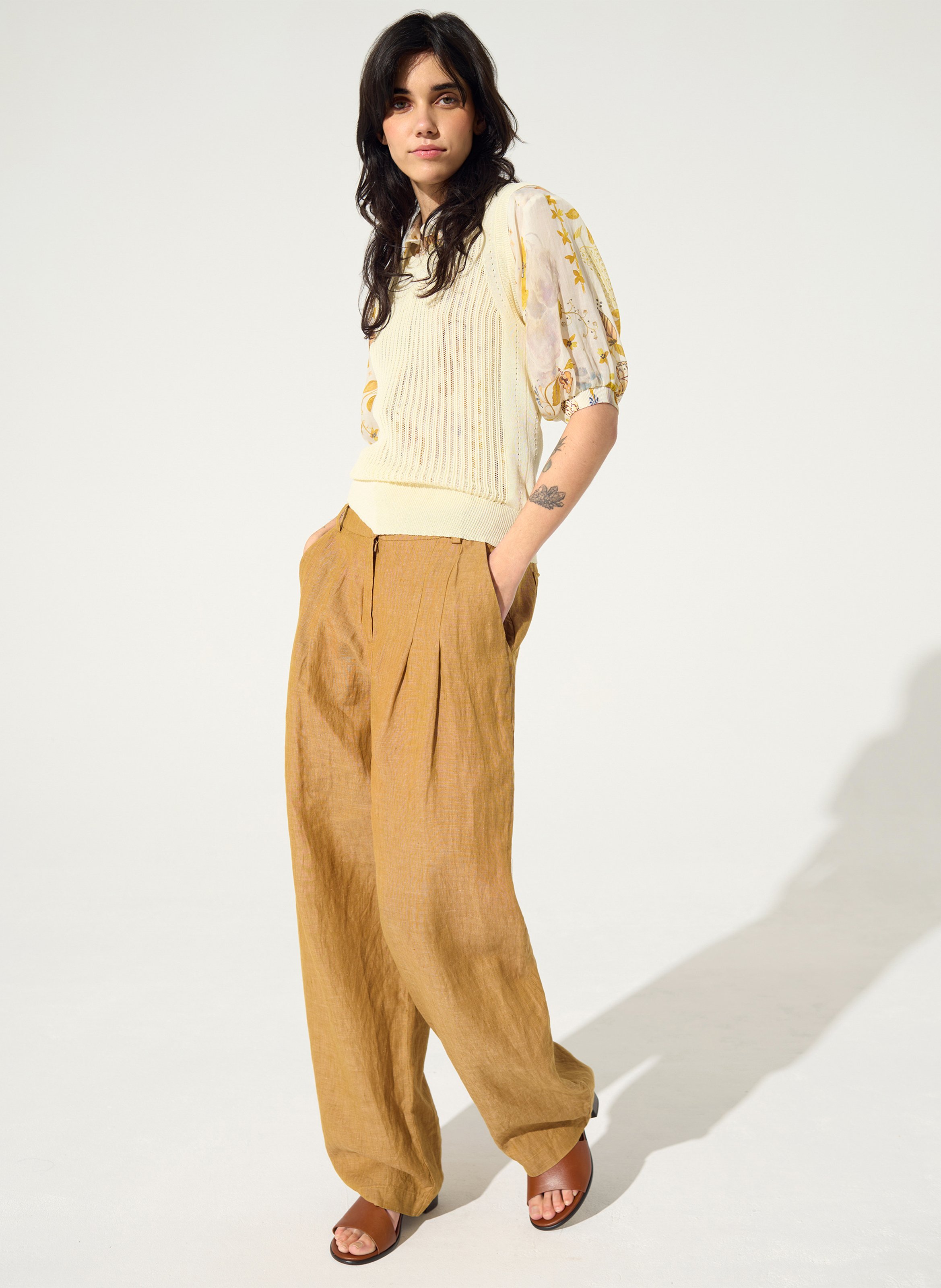 Wide leg pants in linen and cotton blend COTELAC Brown