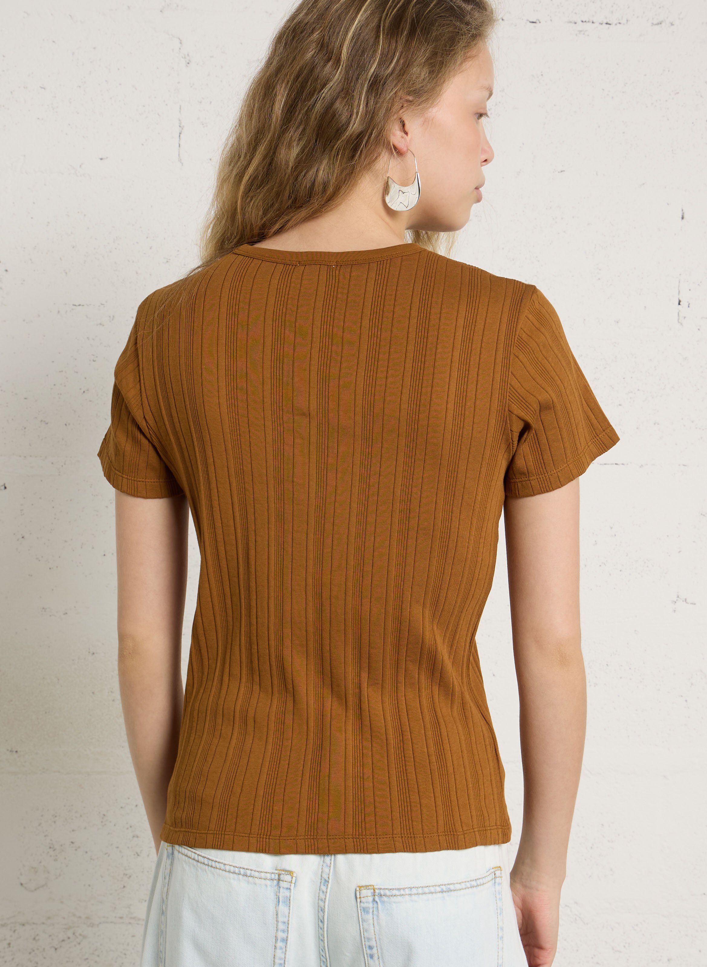 Tee-shirt droit col rond en coton BENSIMON Marron