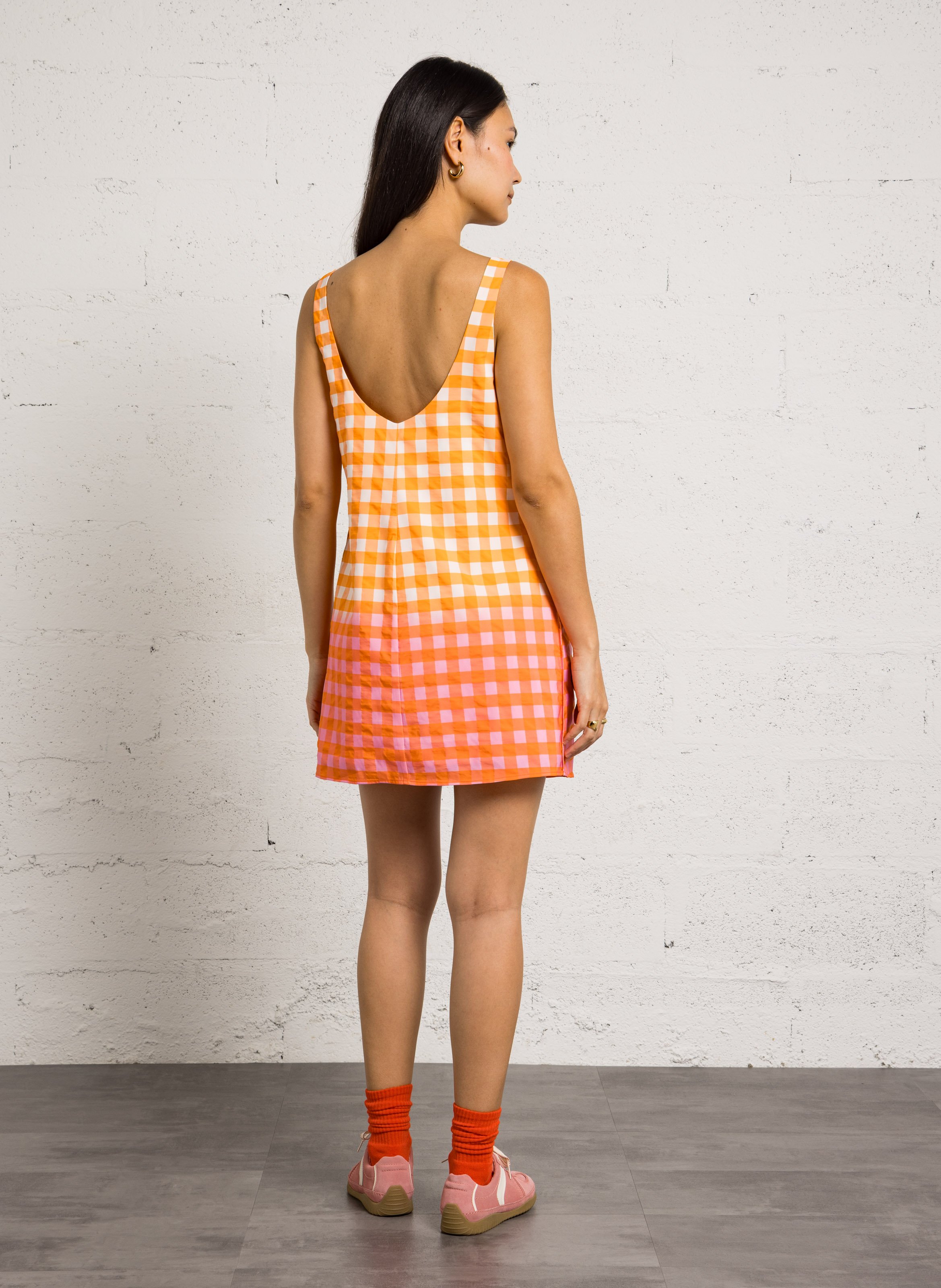 Langes, bedrucktes Kleid mit Rundhalsausschnitt DR BLOOM Orange