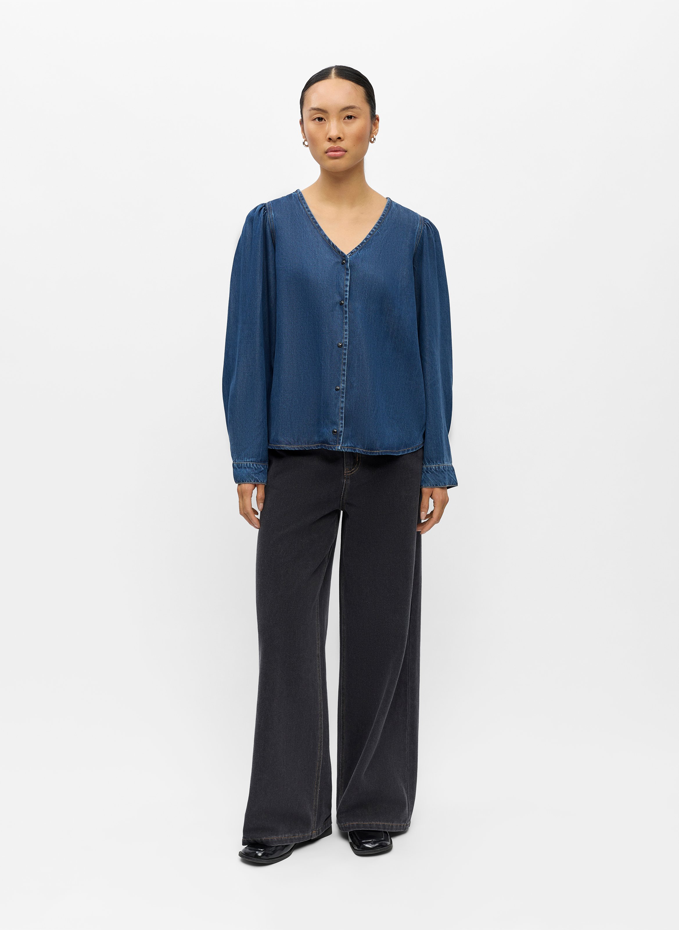 Weites Blusenshirt mit V-Ausschnitt OBJECT Blau