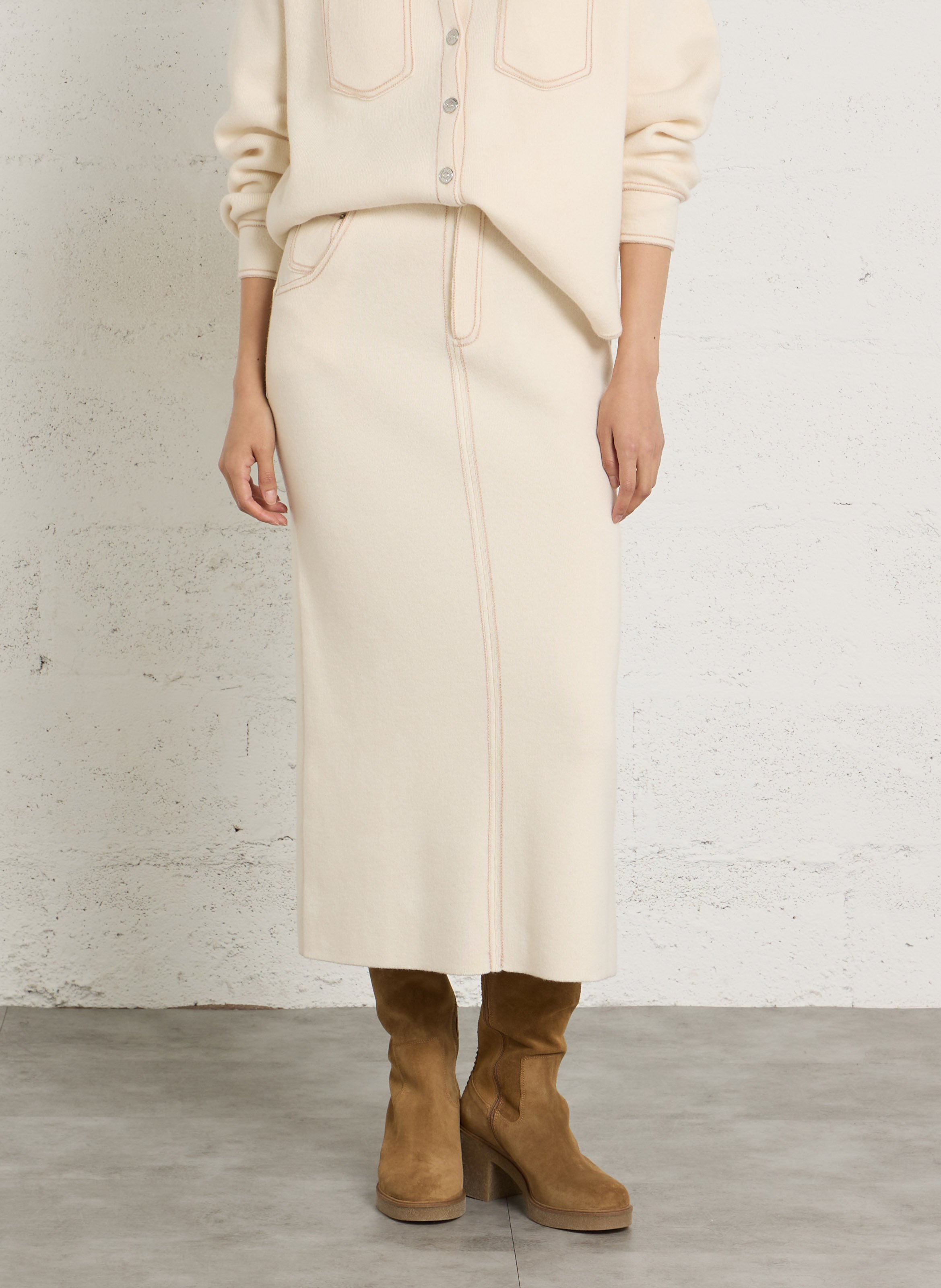 Midirok van wol met sierstiksels BERENICE Wit