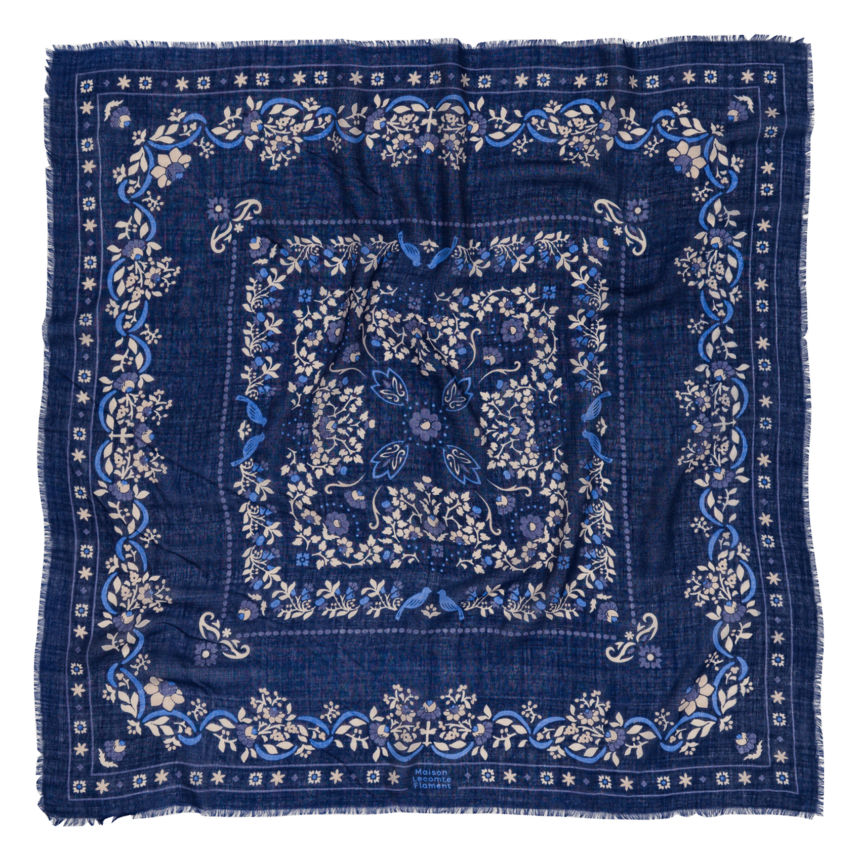 Haddock wool and silk printed scarf MAISON LECOMTE FLAMENT Blue