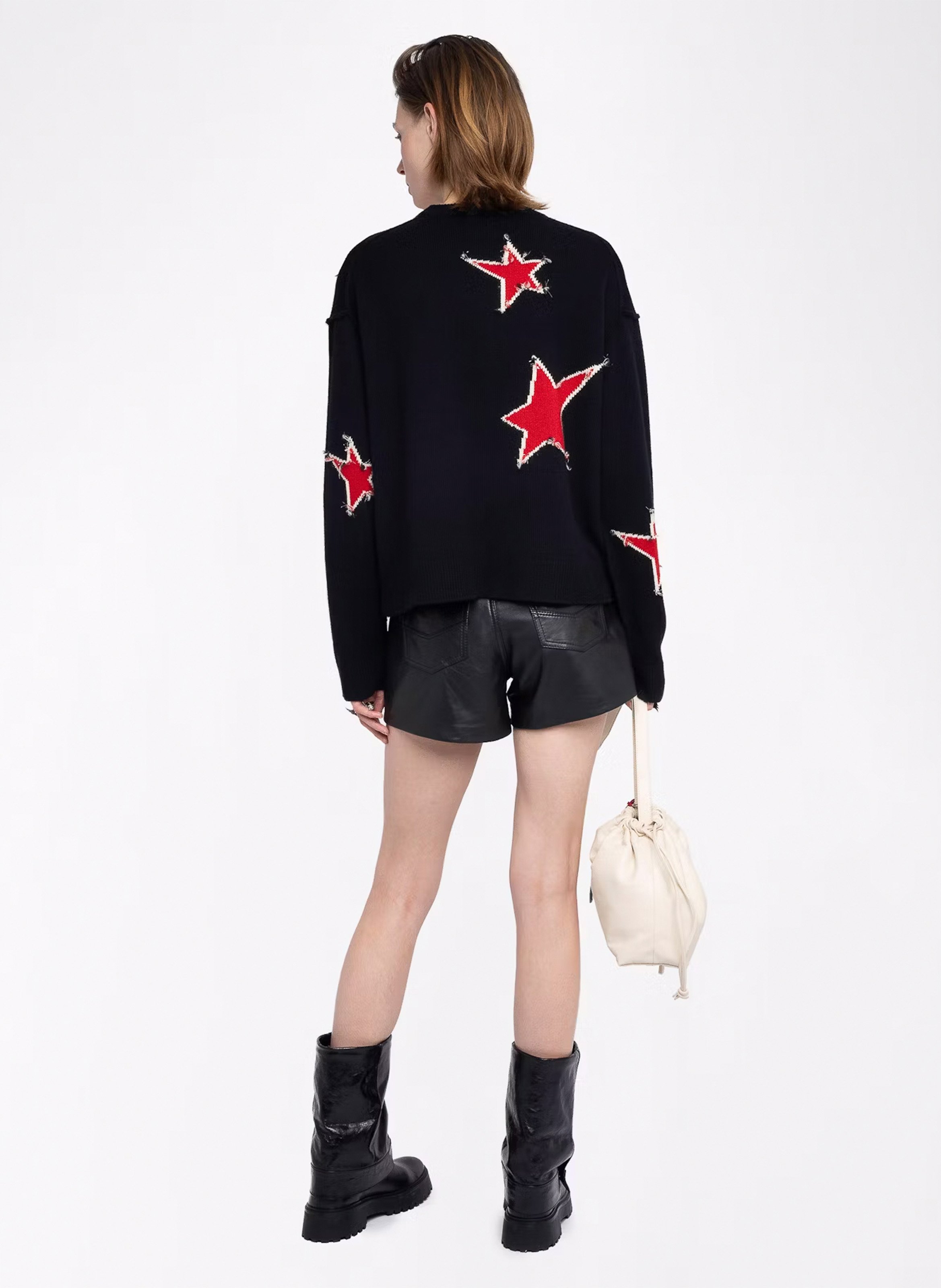Round neck sweater with distressed star effects in cashmere ZADIG&VOLTAIRE Black