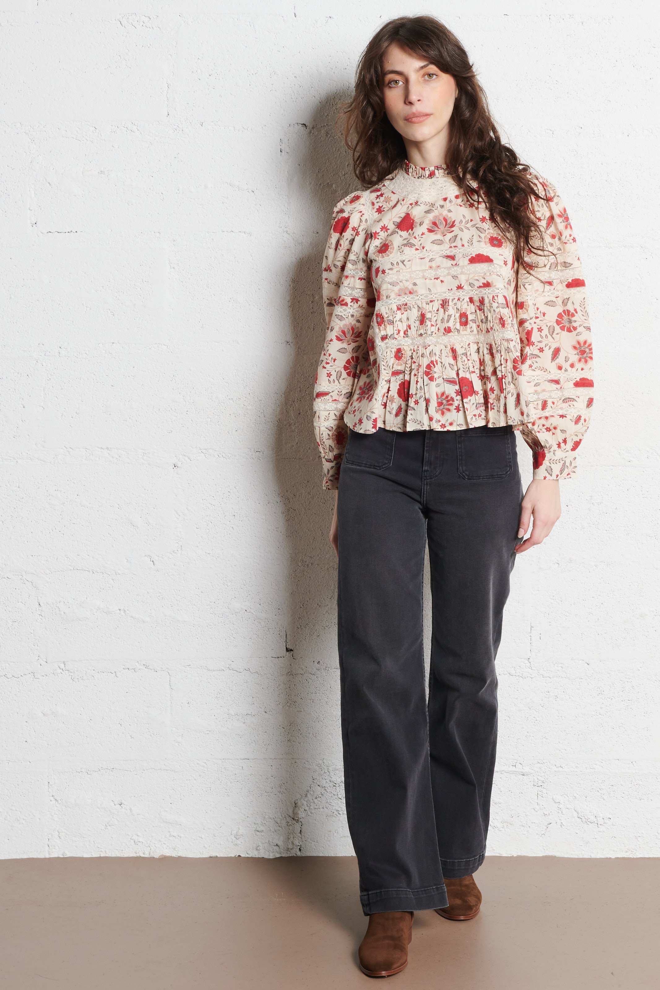 Floral print Victorian collar cotton blouse PETITE MENDIGOTE Beige