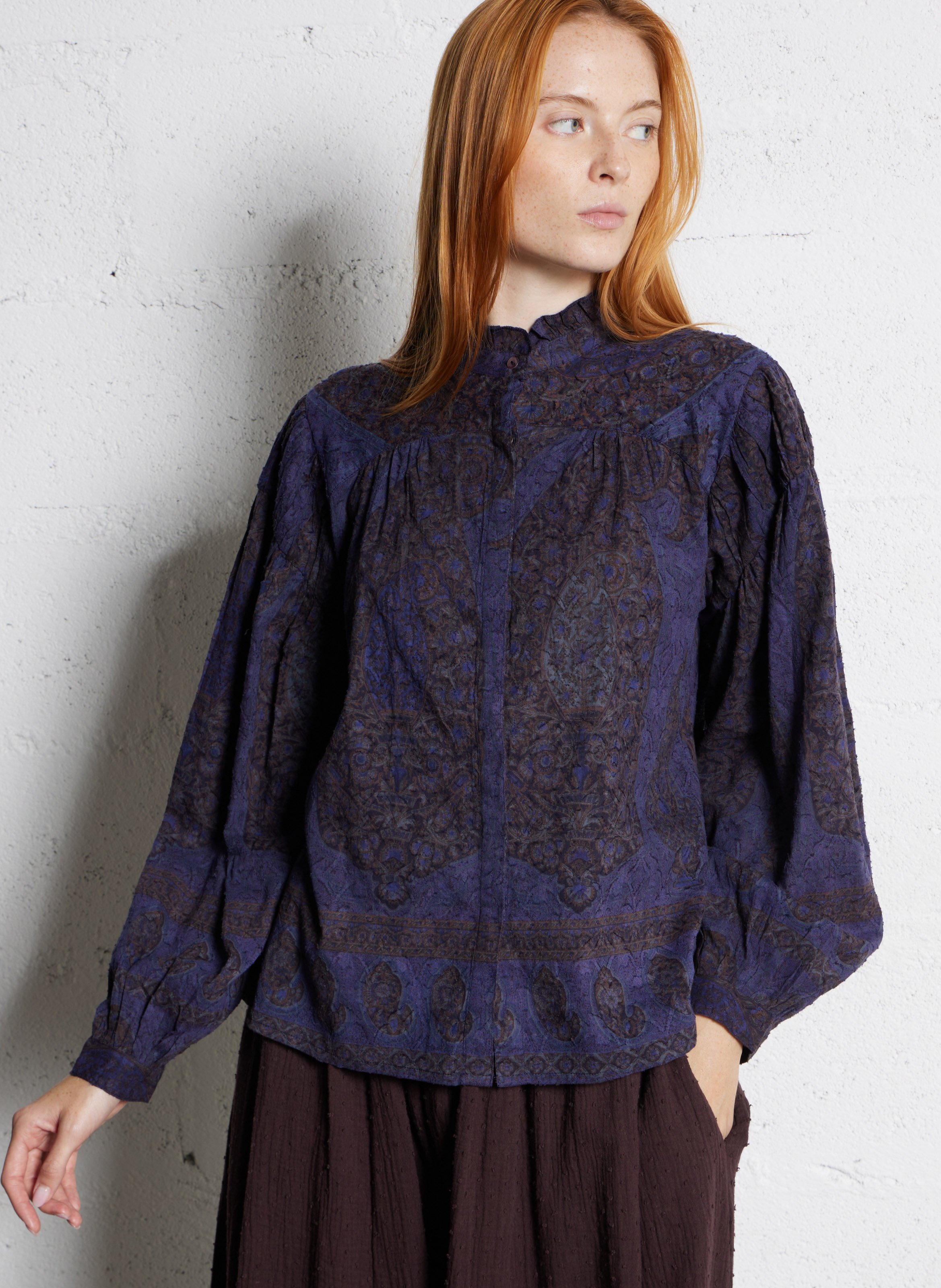 Oversize Hemd mit viktorianischem Kragen aus Baumwolle ANTIK BATIK Blau